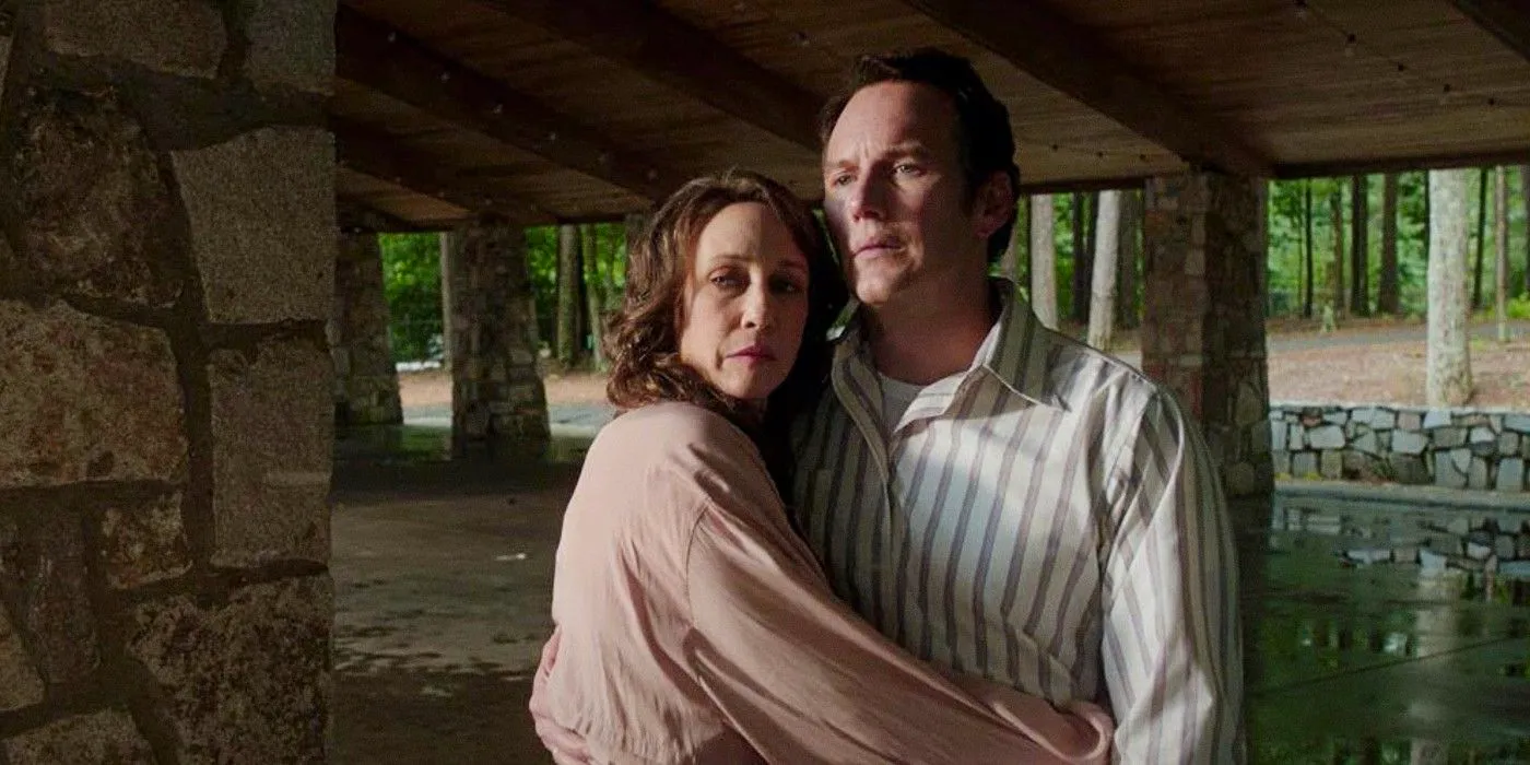 Patrick Wilson and Vera Farmiga as the Warrens hugging in The Conjuring The Devil Made Me Do It Image