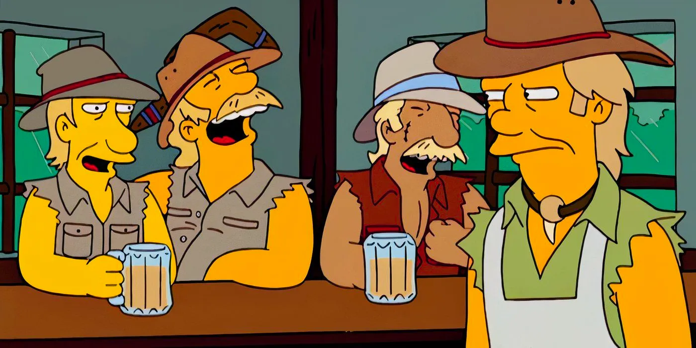 Patrons laughing at a barman in an Australian tavern in The Simpsons Image