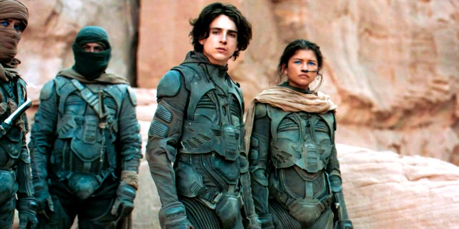 Paul and Chani stand with some Fremen on a rock in Dune Image