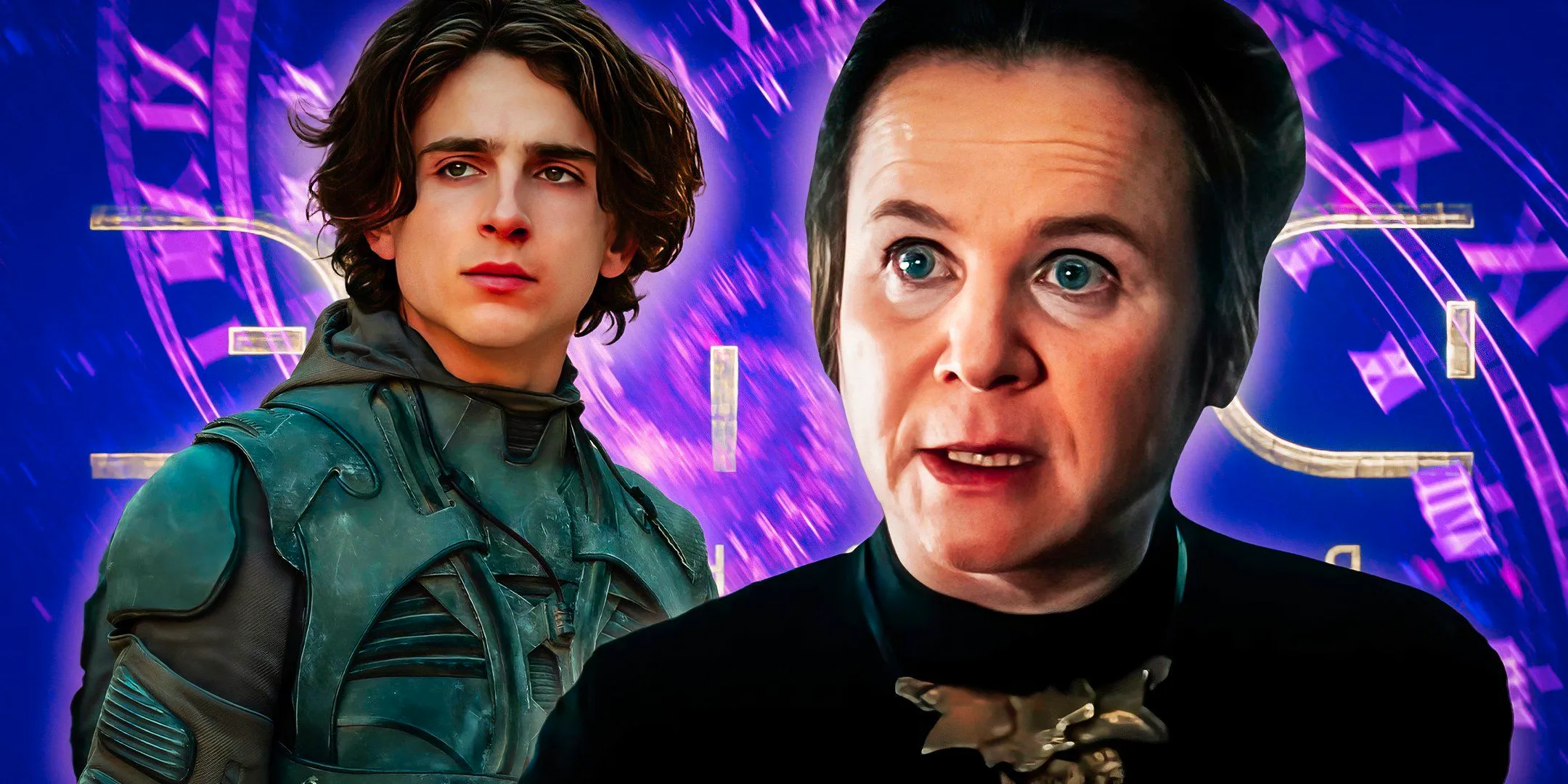 Paul Atreides (Timothée Chalamet) looking serious in Dune with Emily Watson as Valya Harkonnen from Dune: Prophecy Image