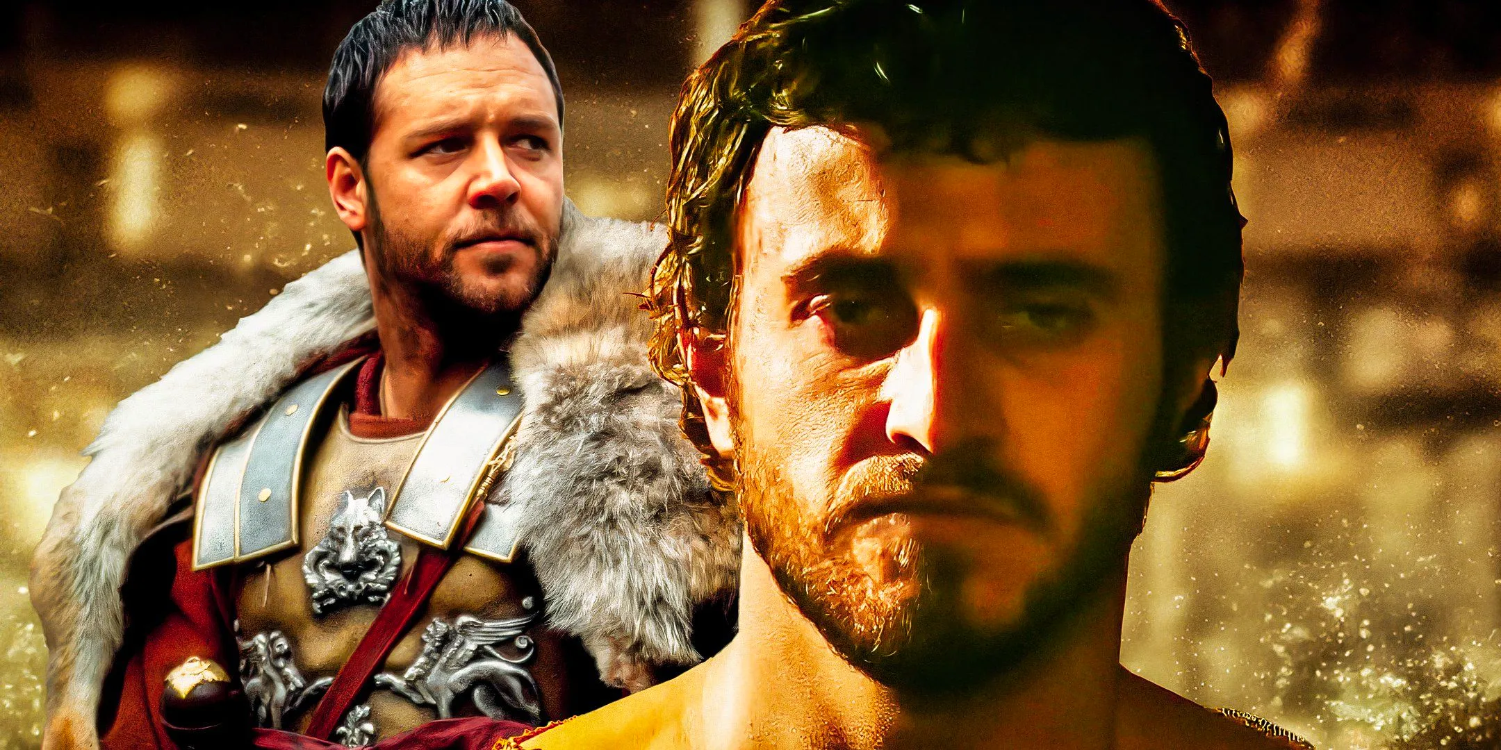 Paul Mescal as Lucius in Gladiator II (2024) next to Russell Crowe as Maximus Decimus Meridius in Gladiator (2000) Image