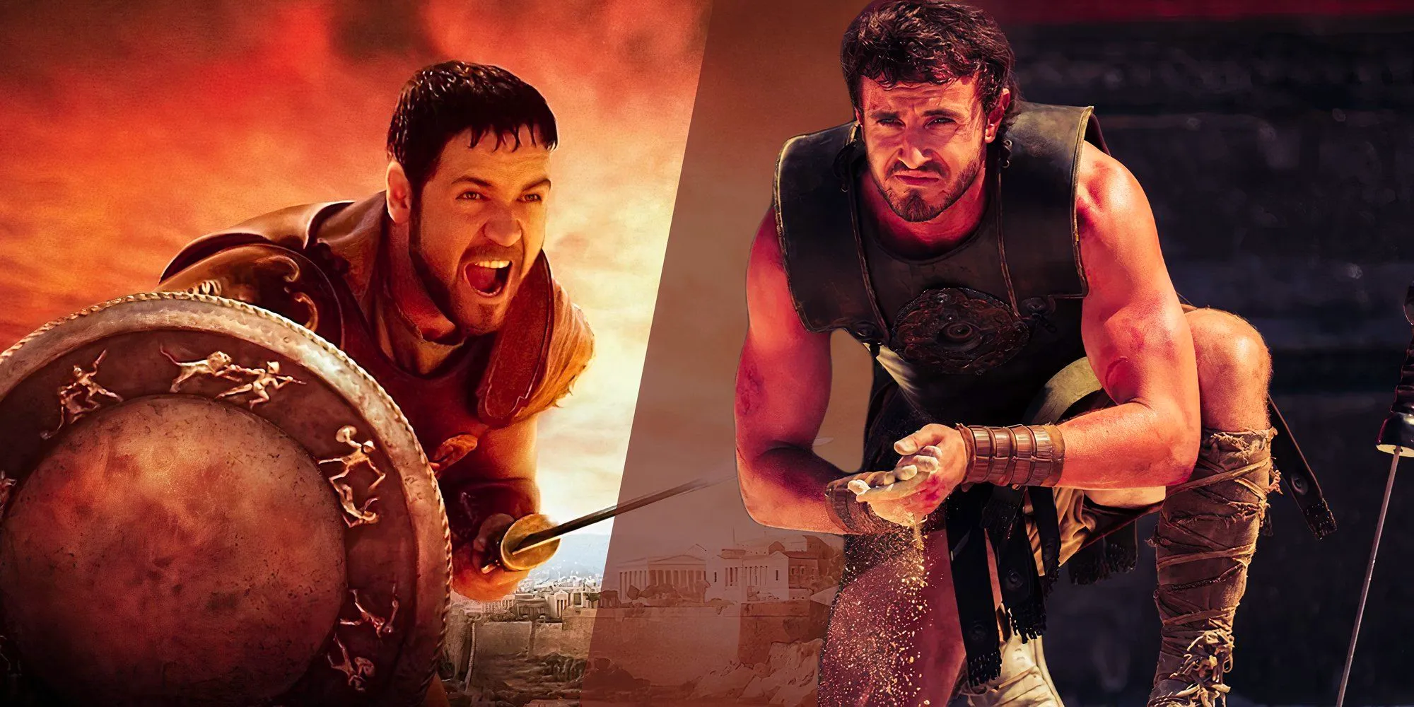 Paul Mescal picking up sand as Lucius in Gladiator II (2024) next to Russell Crowe as Maximum from Gladiator (2000) Image