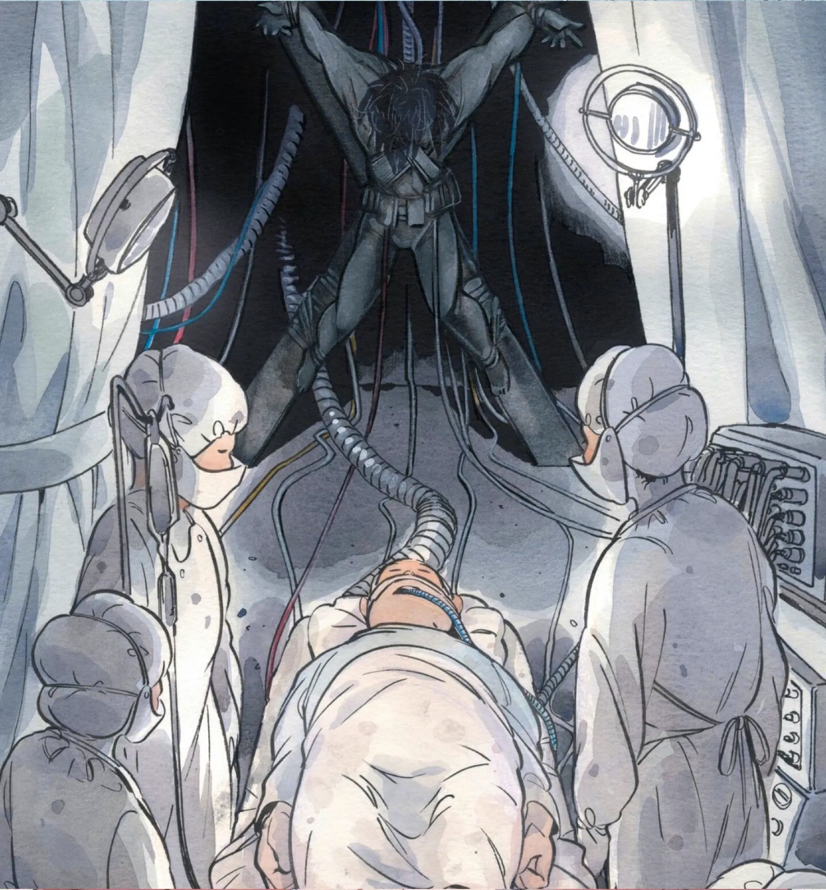 Peach Momoko’s Ultimate X-Men #6 - Tied up person in X-formation connected to person in bed surrounded by nurses  Image