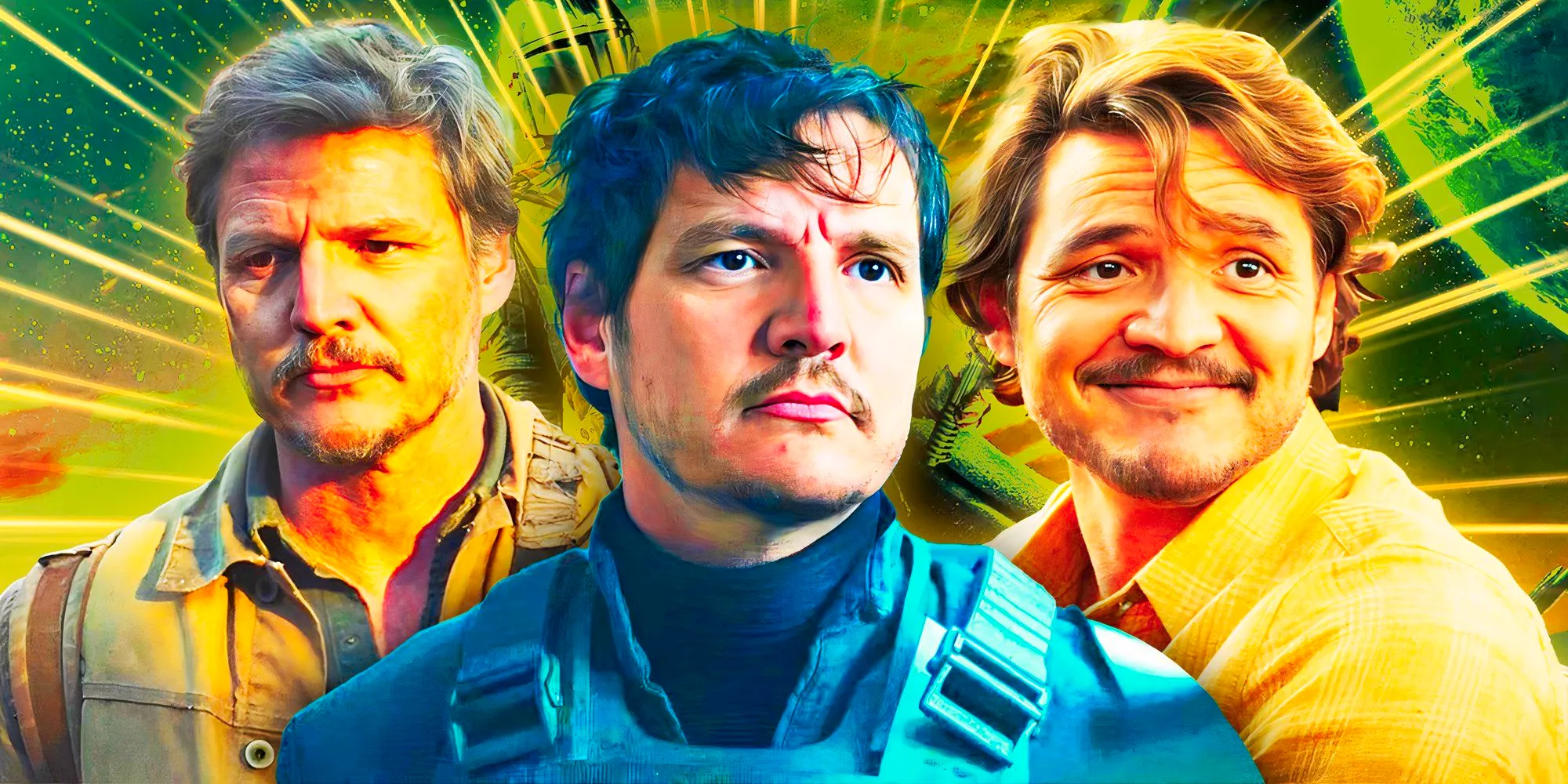 Pedro Pascal as Din Djarin in the center, with Pascal as Javi Gutierrez (The Unbearable Weight of Massive Talent) and Joel Miller (The Last of Us) on either side Image