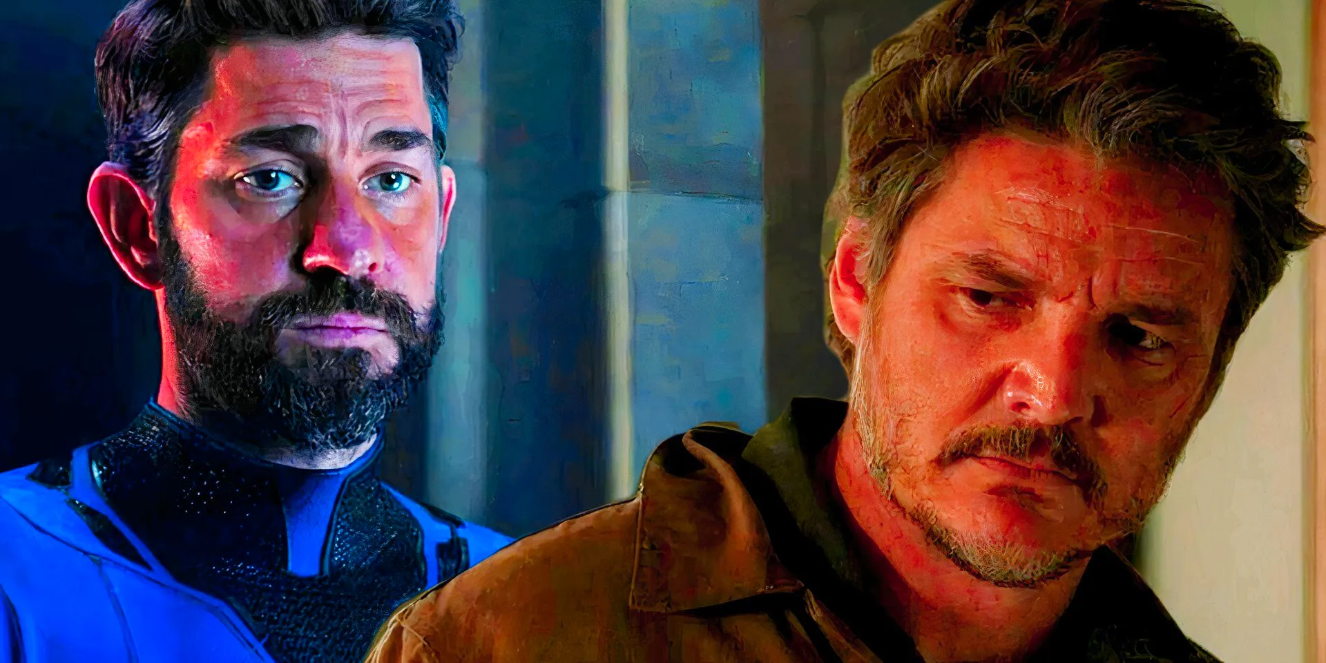 Pedro Pascal as Joel looks somber in The Last of Us and John Krasinski talks to Doctor Strange as Reed Richards Image