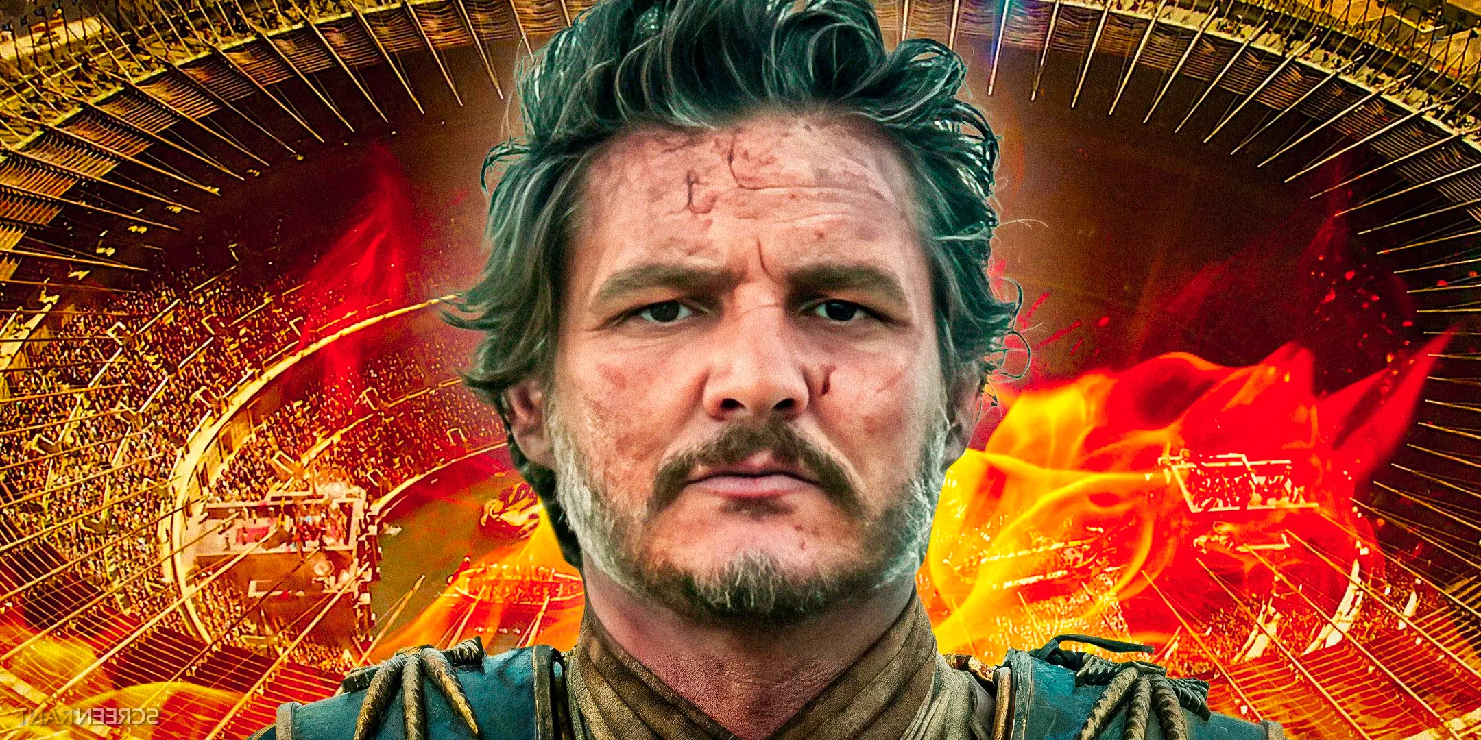 Pedro Pascal as Marcus Acacius from Gladiator 2 against a flaming colosseum Image