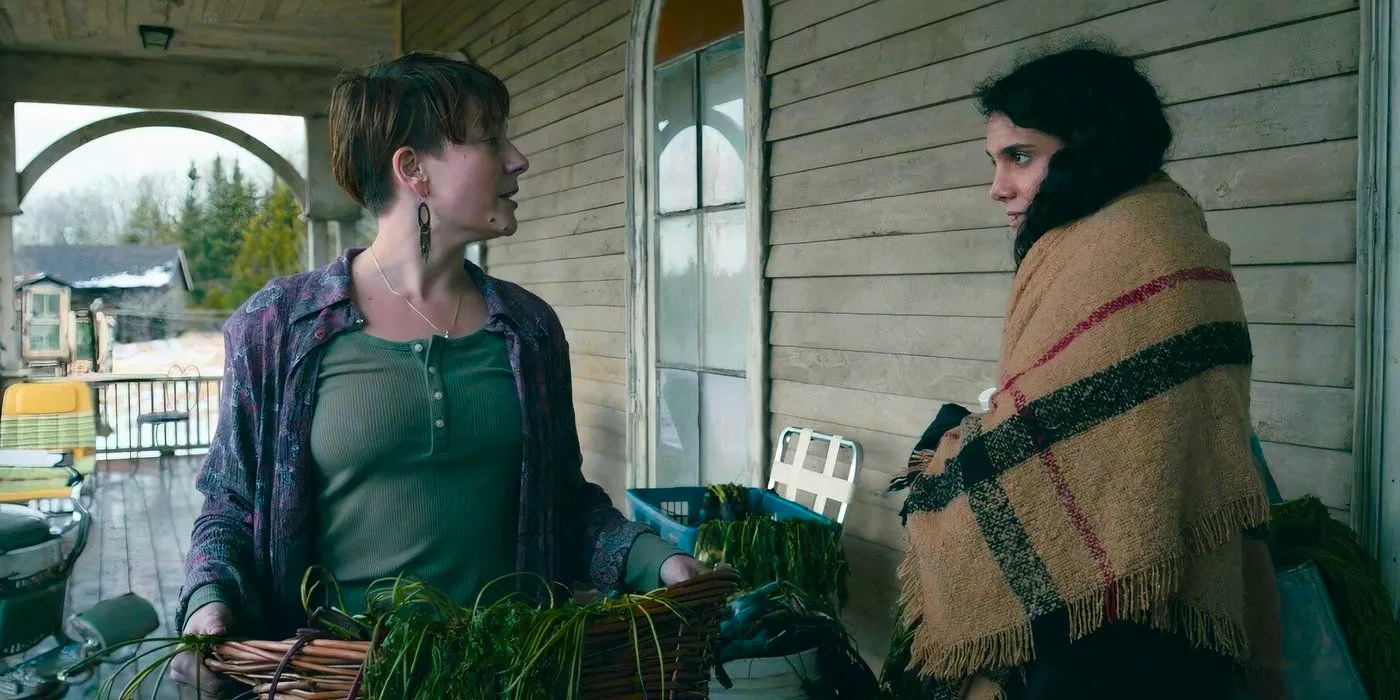 Pegah Ghafoori as Fatima Hassan speaks to another Colony House resident about the rotten crops in From season 3, ep 2 Image