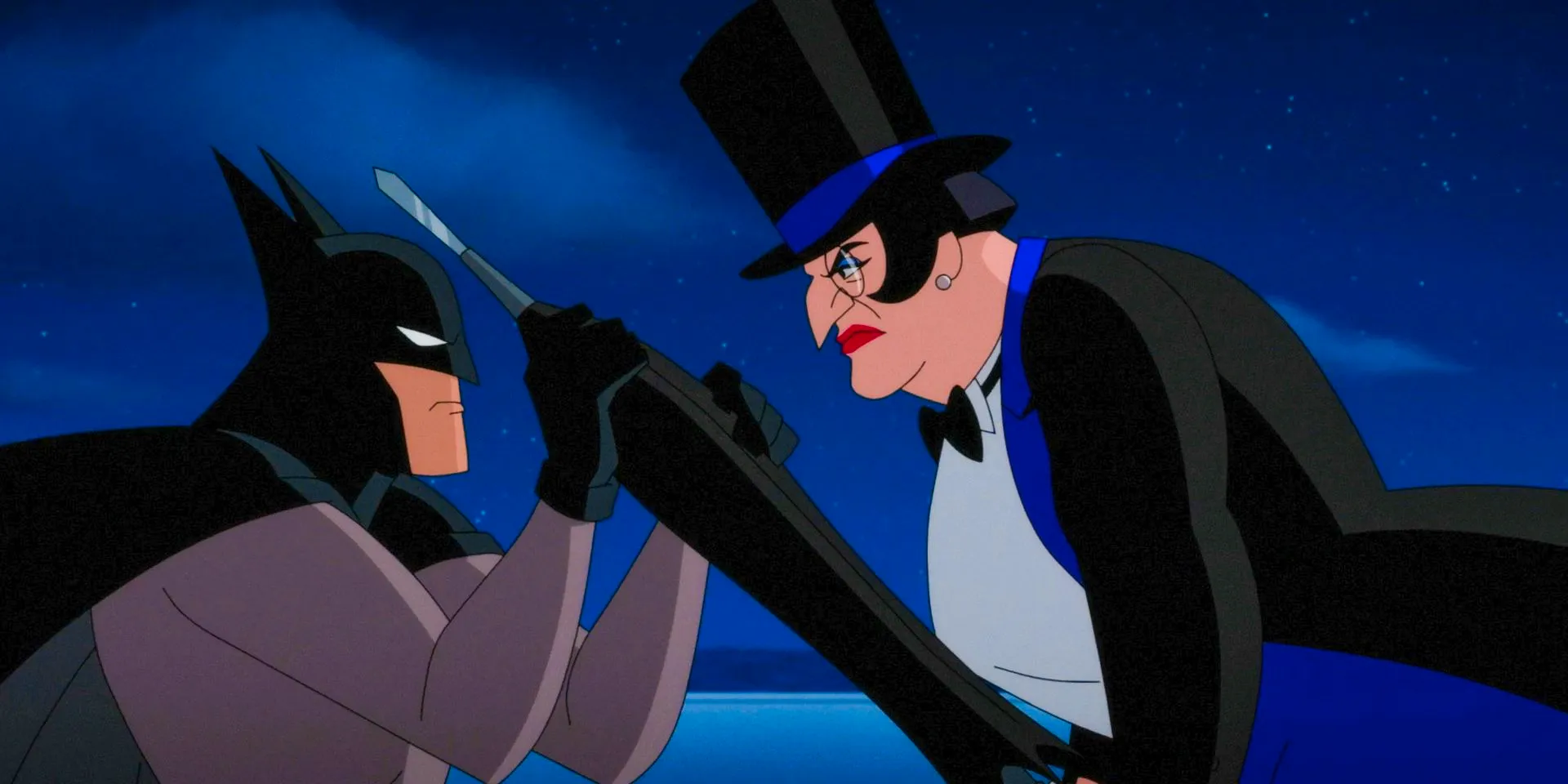 Penguin with her umbrella fighting against Batman in Batman: Caped Crusader Season 1 Image