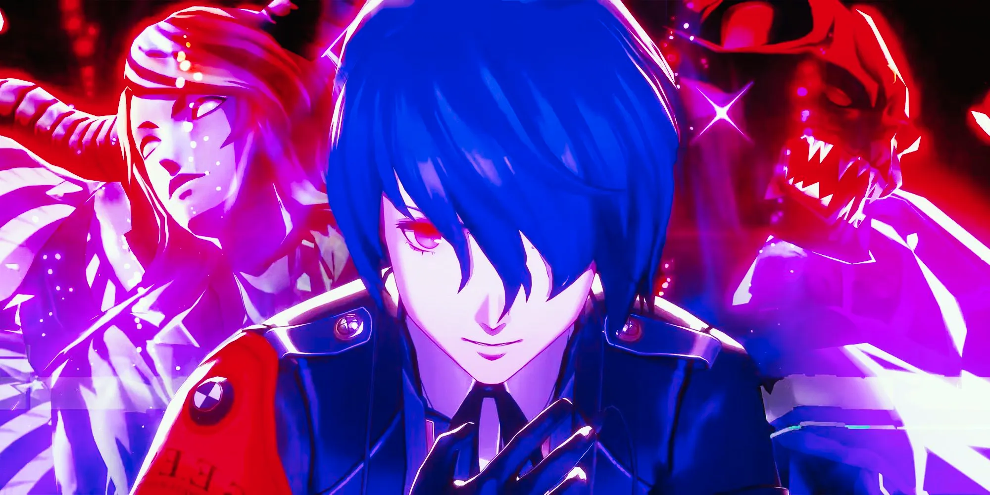 Persona 3 Reload protagonist, Makoto, centered between two personas Image