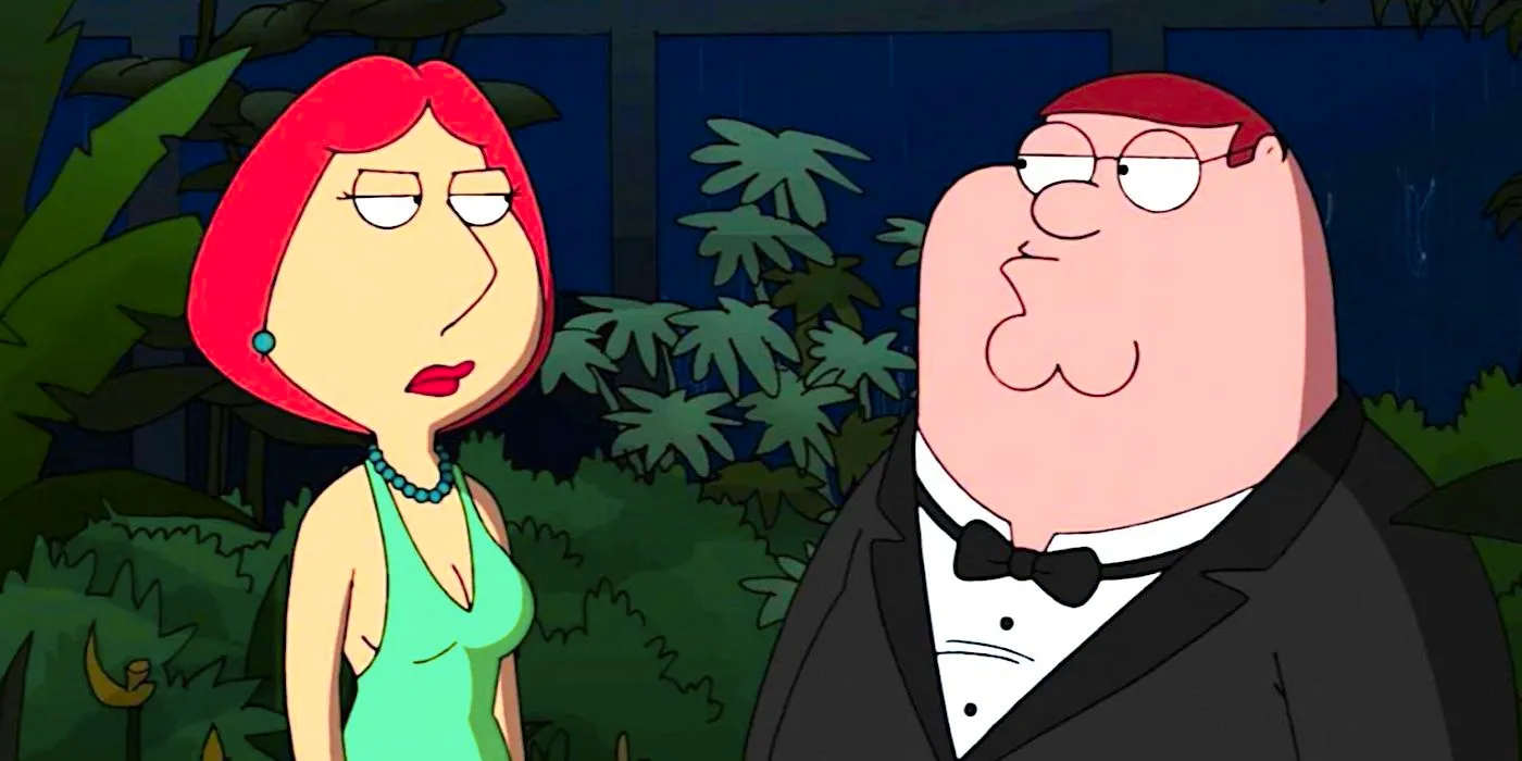 Peter and Lois stare at each other while dressed formally in a greenhouse in Family Guy season 10 Image