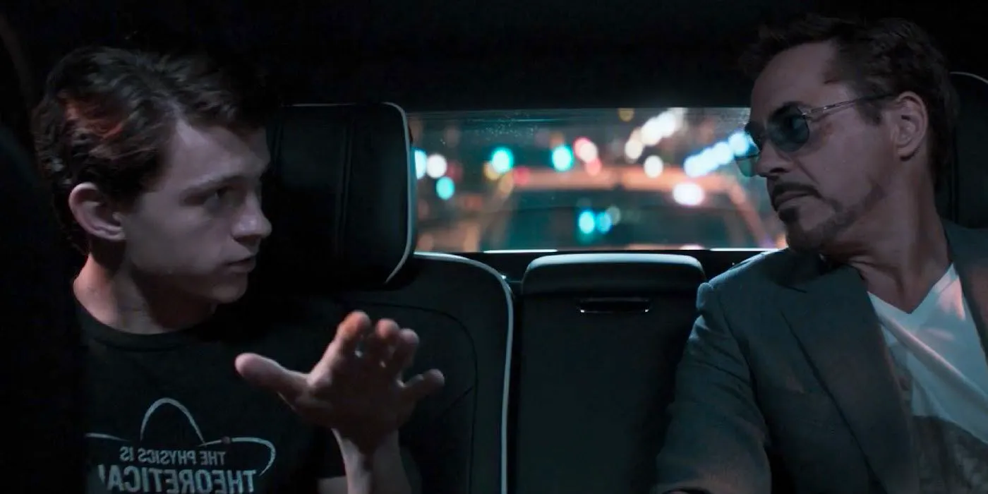 Peter and Tony talk in the back of the car in Spider-Man: Homecoming Image