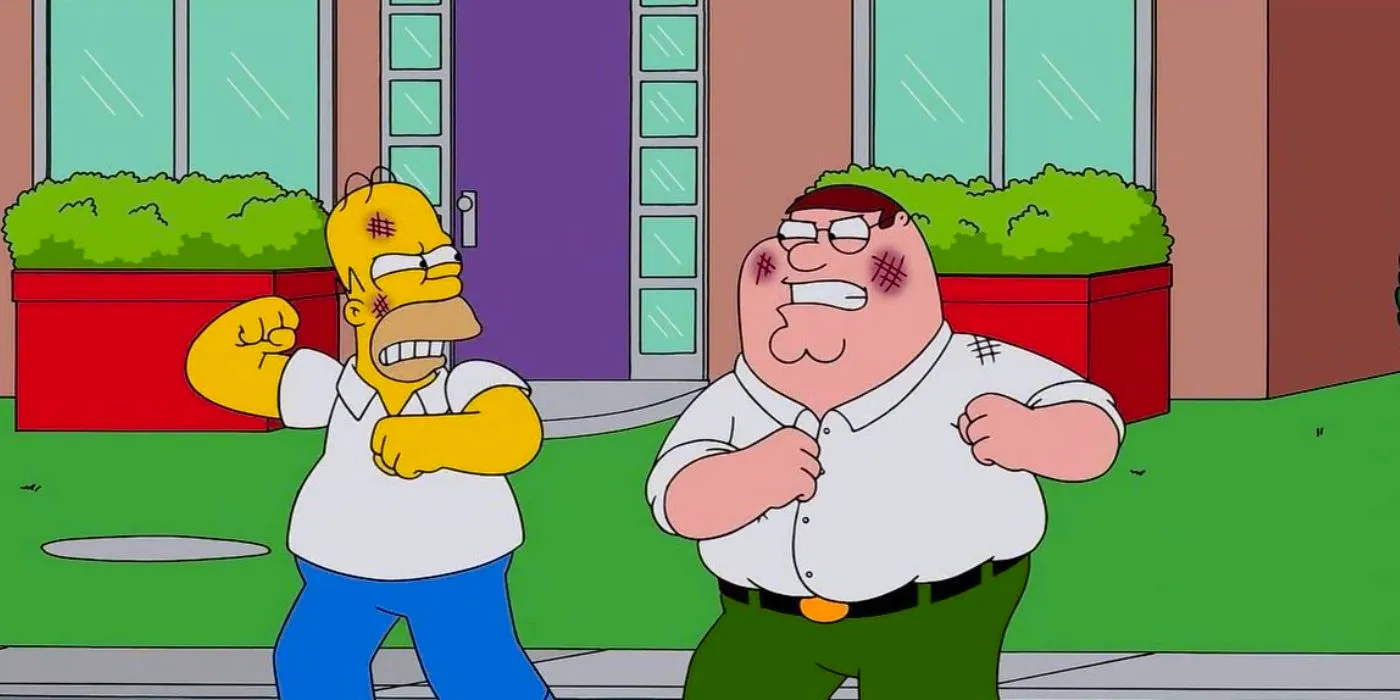 Peter Griffin and Homer Simpson fighting in The Family Guy episode The Simpsons Guy.-1 Image