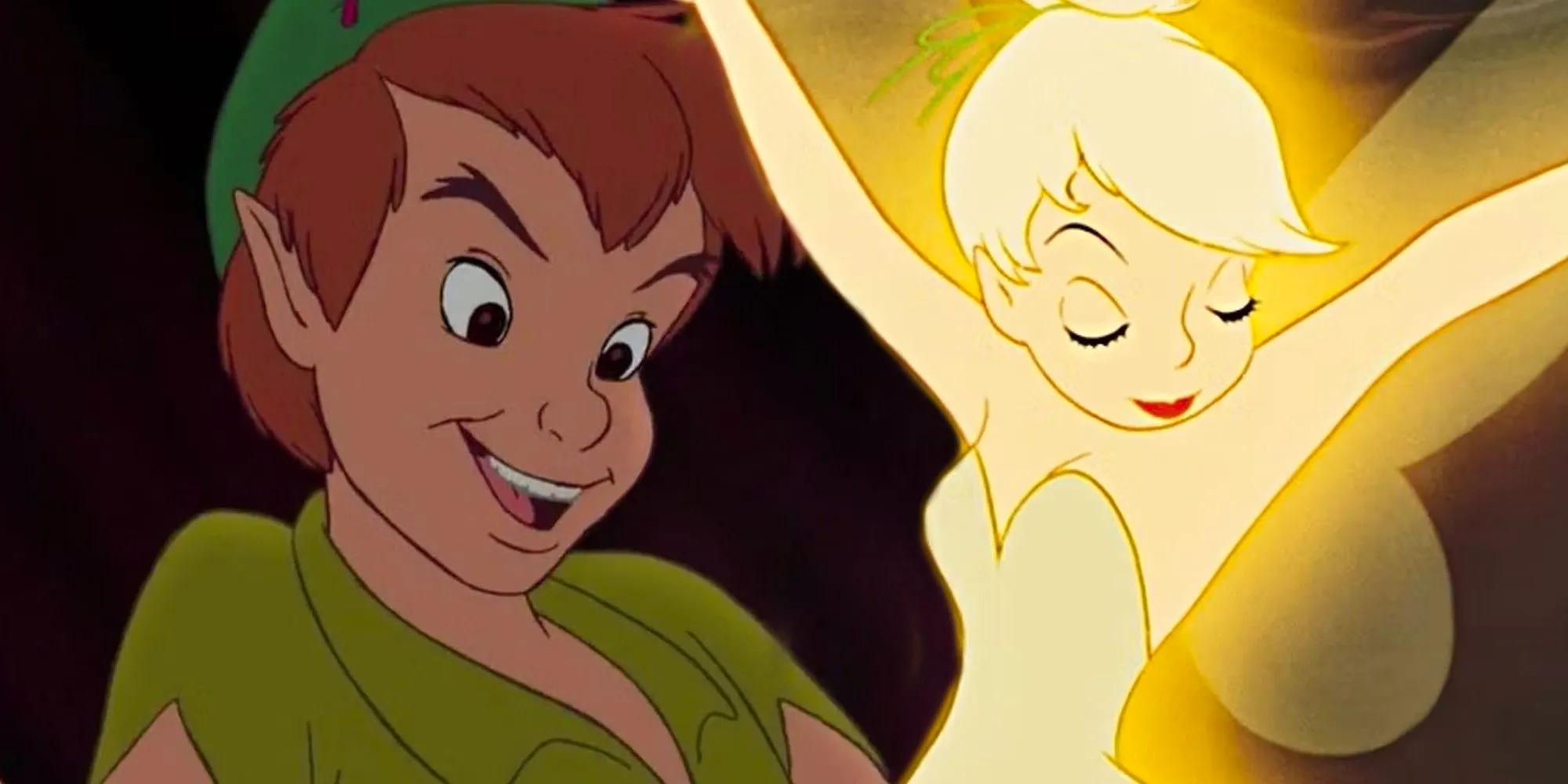 Peter Pan with his arms extended outward and Tinkerbell dancing with her arms up in the Disney animated movie Image