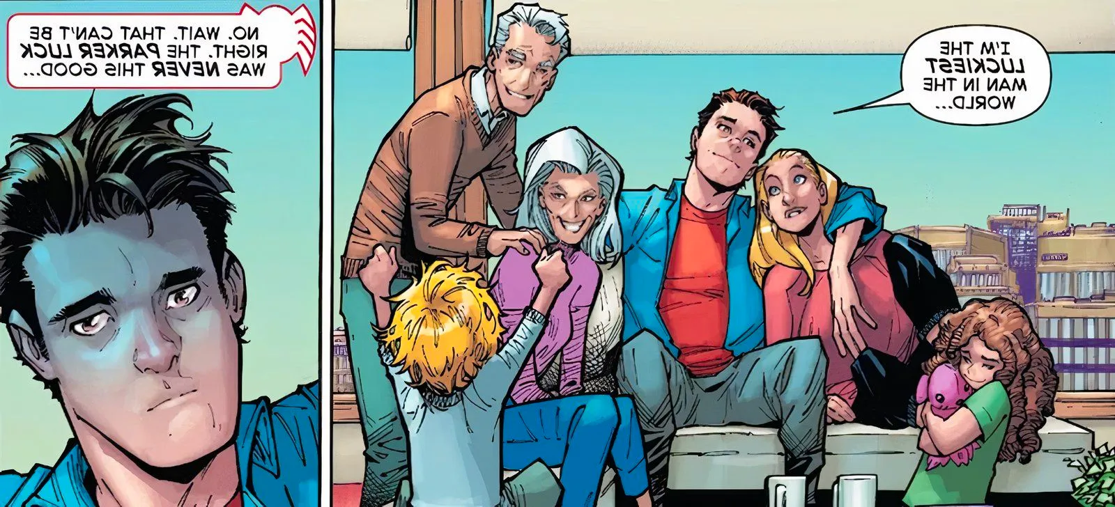 Peter Parker surrounded by his loving family, but doubting it due to his sense of 