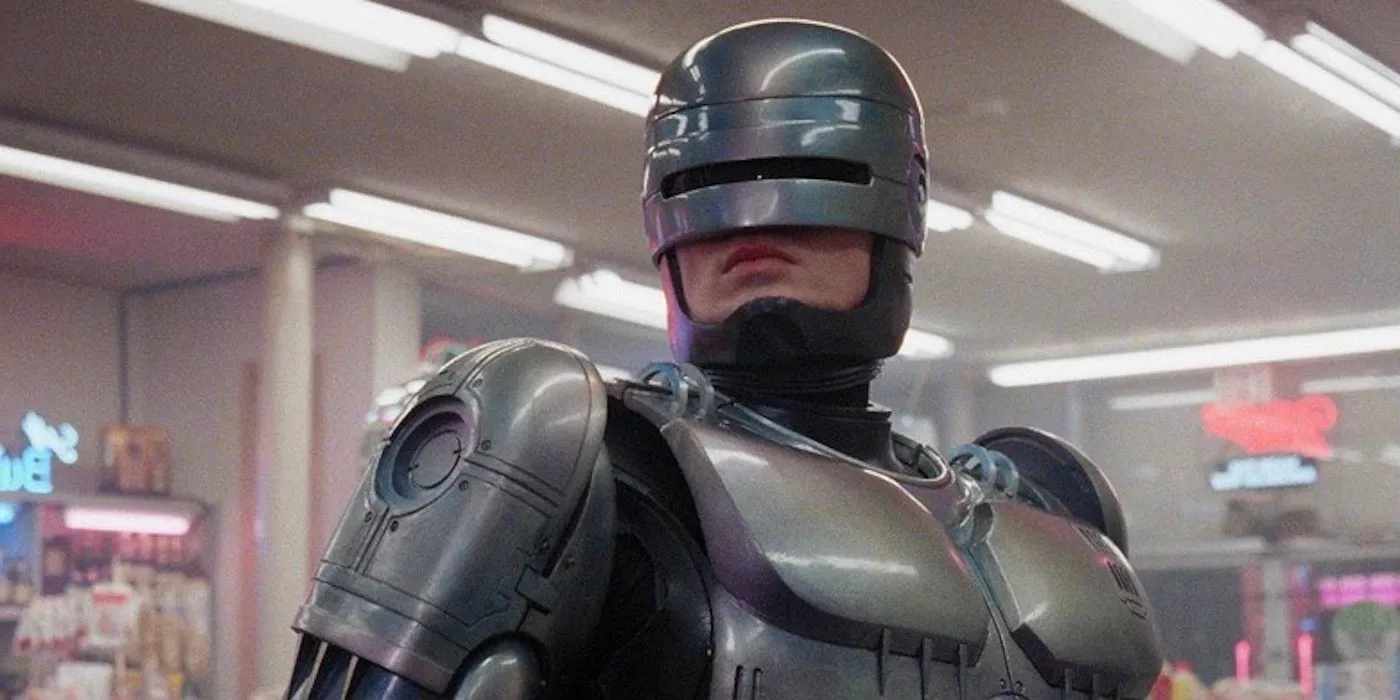 Peter Weller as RoboCop in a convenience store in the 1987 film RoboCop. Image