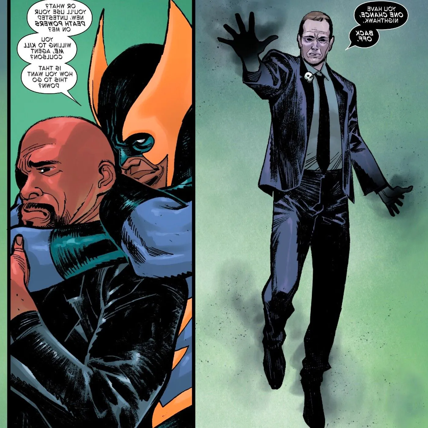 Phil Coulson threatens Nighthawk while he's choking Nick Fury Image