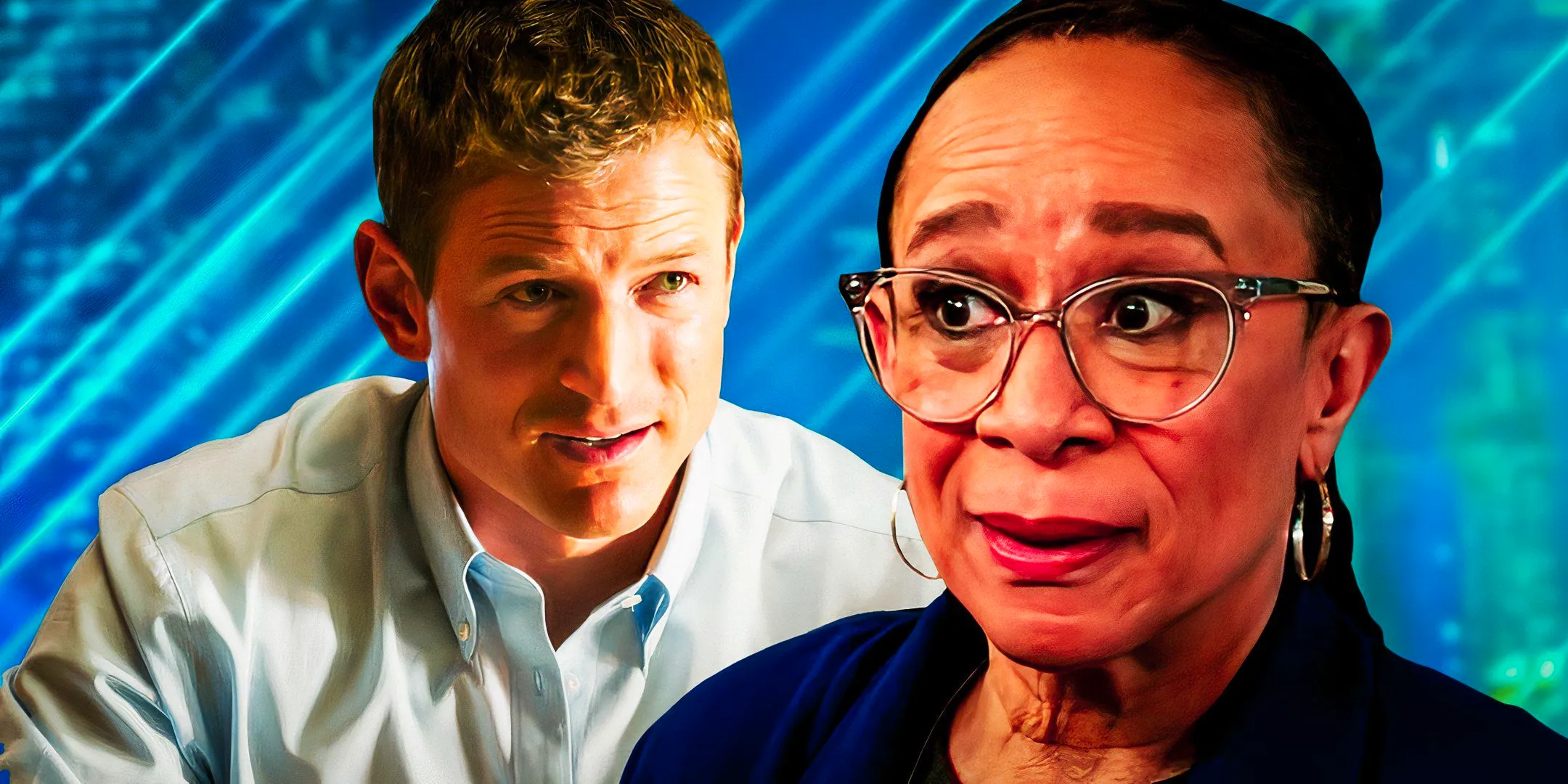 Philip Winchester as Peter Stone in Chicago Justice and S. Epatha Merkerson as Sharon Goodwin in Chicago Med. Image