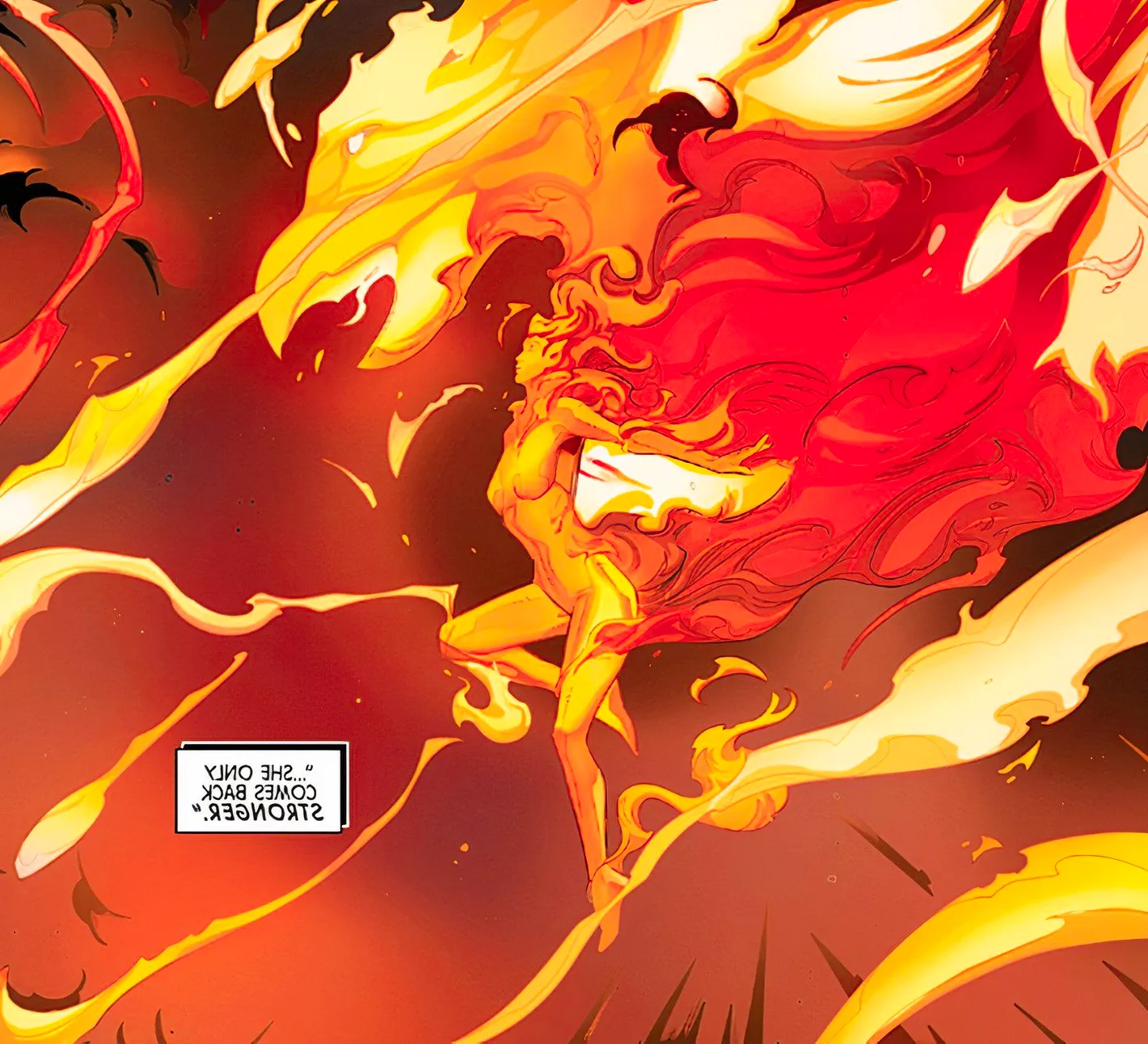 Phoenix #4, Jean Grey in her full Phoenic form, as the narration states that she comes back stronger from death Image