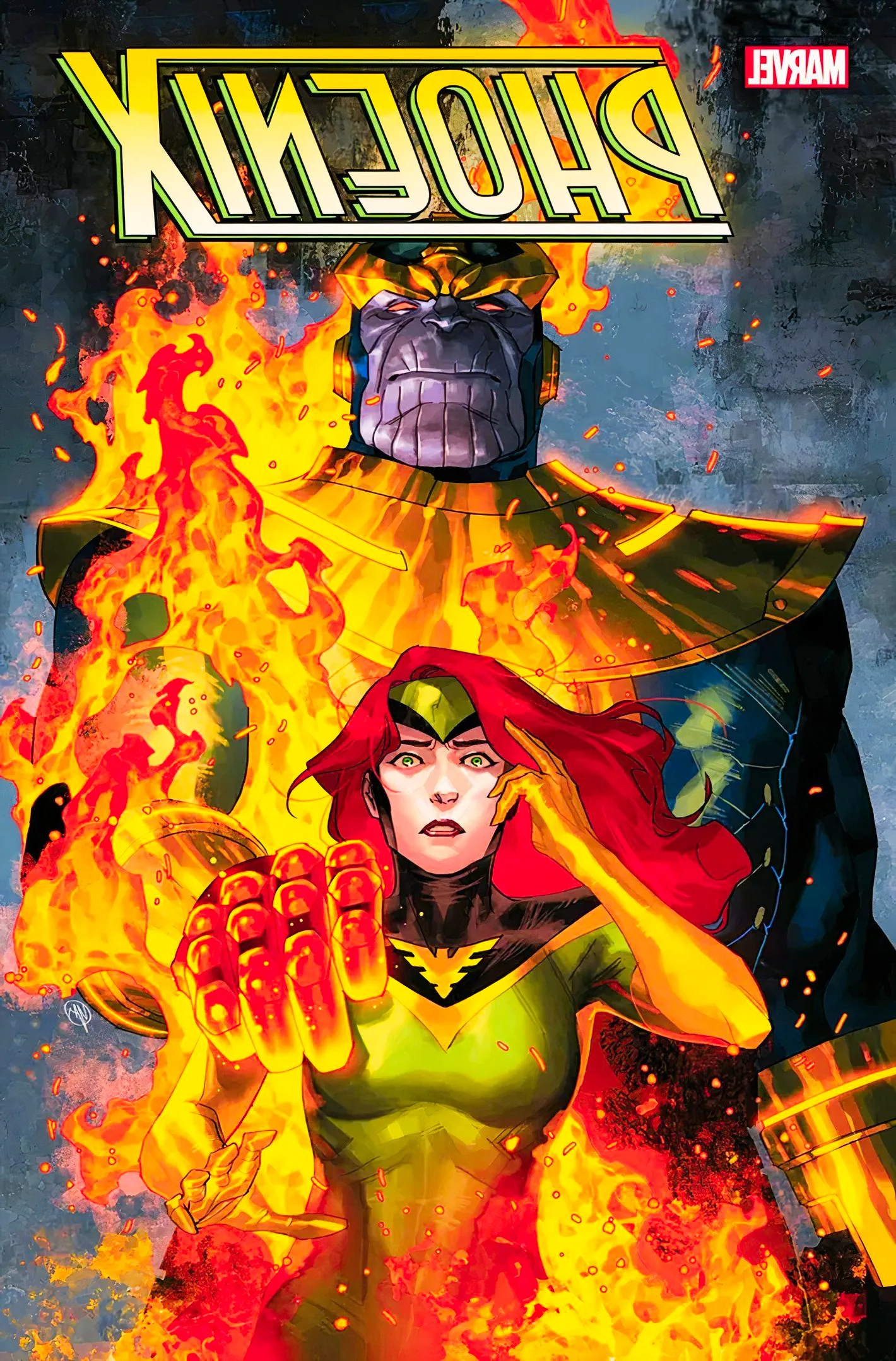 Phoenix #6 cover, Thanos looms behind Jean Grey with his hand on her shoulder as they're both engulfed in flames Image