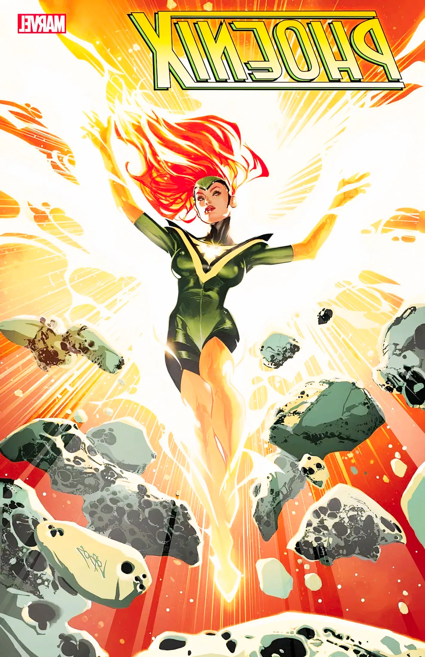 Phoenix #6 variant cover, Jean Grey in space blasting rubble away from her Image