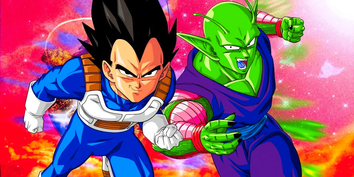 Piccolo and Vegeta charge forward in front of a spacey background. Image