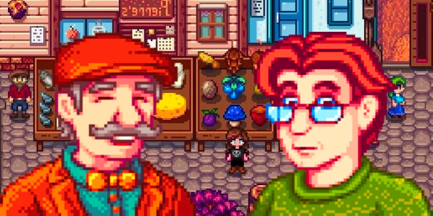 Pierre and Lewis looking at an impressive grange display in Stardew Valley. Image