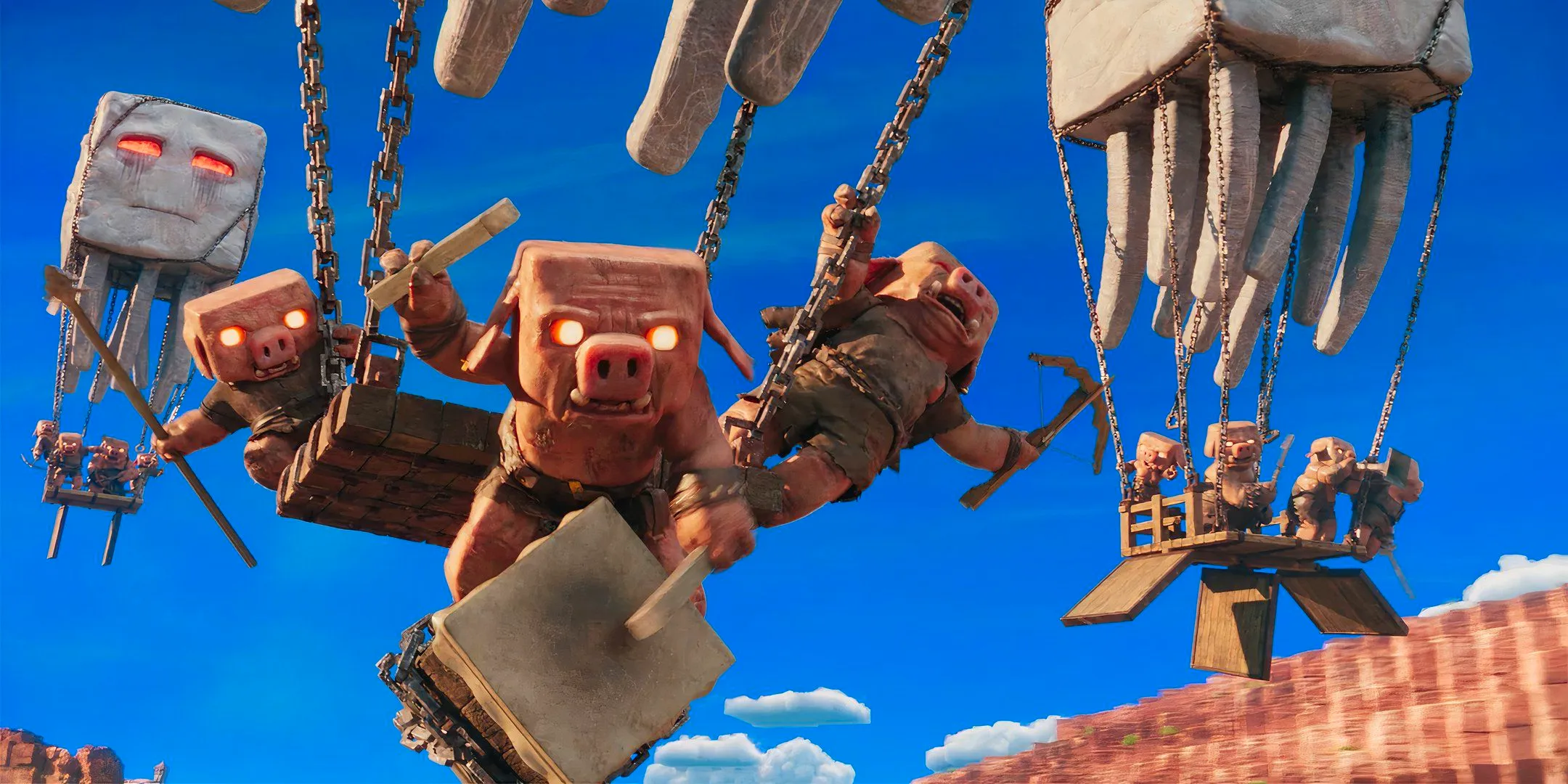 Piglins playing the drums and flying into battle in A Minecraft Movie Image