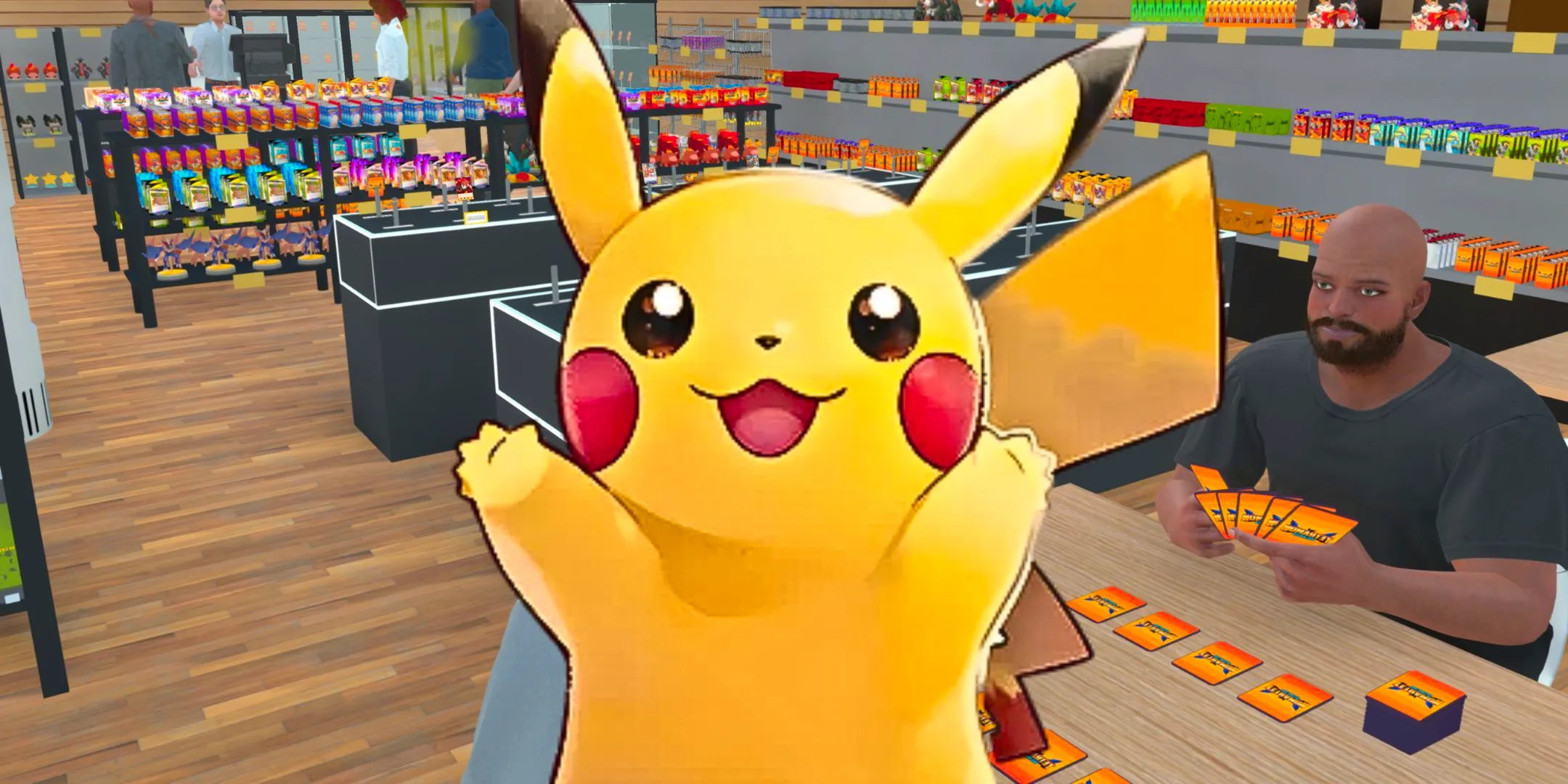 Pikachu in front of a screenshot from TCG Card Shop Simulator Image