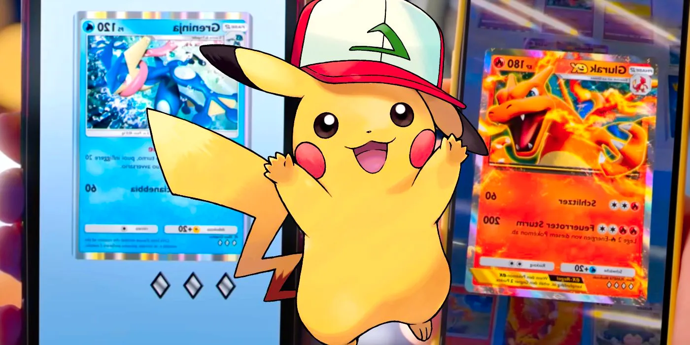 Pikachu wearing Ash's hat with images of Pokémon TCG Pocket being played on phone screens on either side. Image