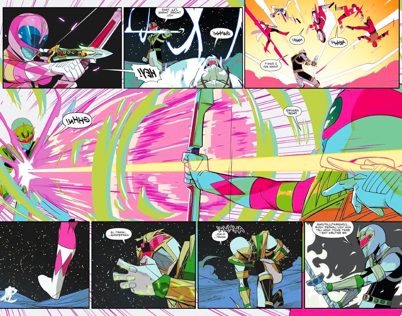 Pink Ranger Kimberly Ann Hart fires the Dragon Dagger from her bow at Lord Drakkon in Mighty Morphin Power Rangers #30 Image