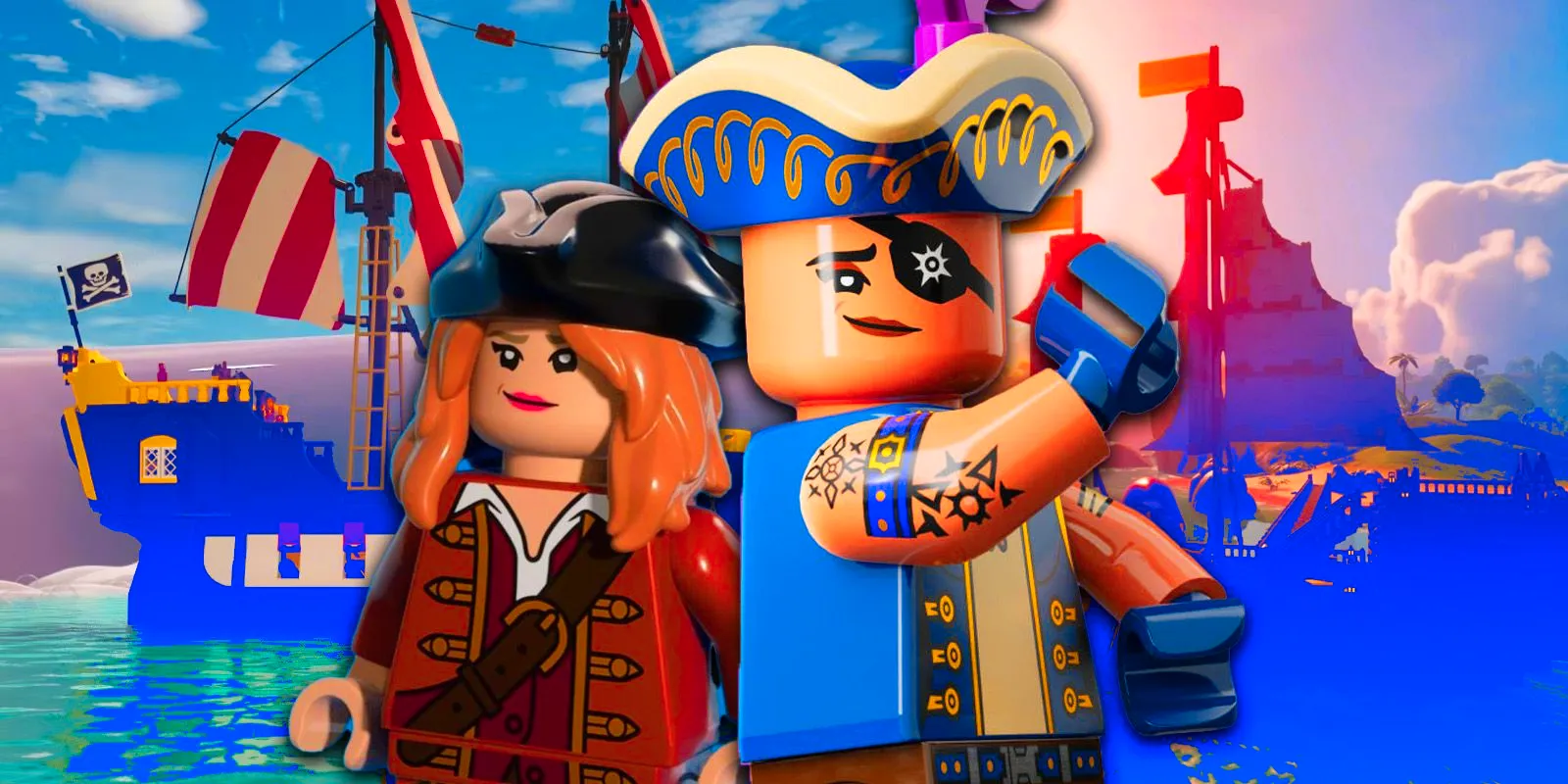 Pirate characters with ships and the sea in Lego fortnite Image