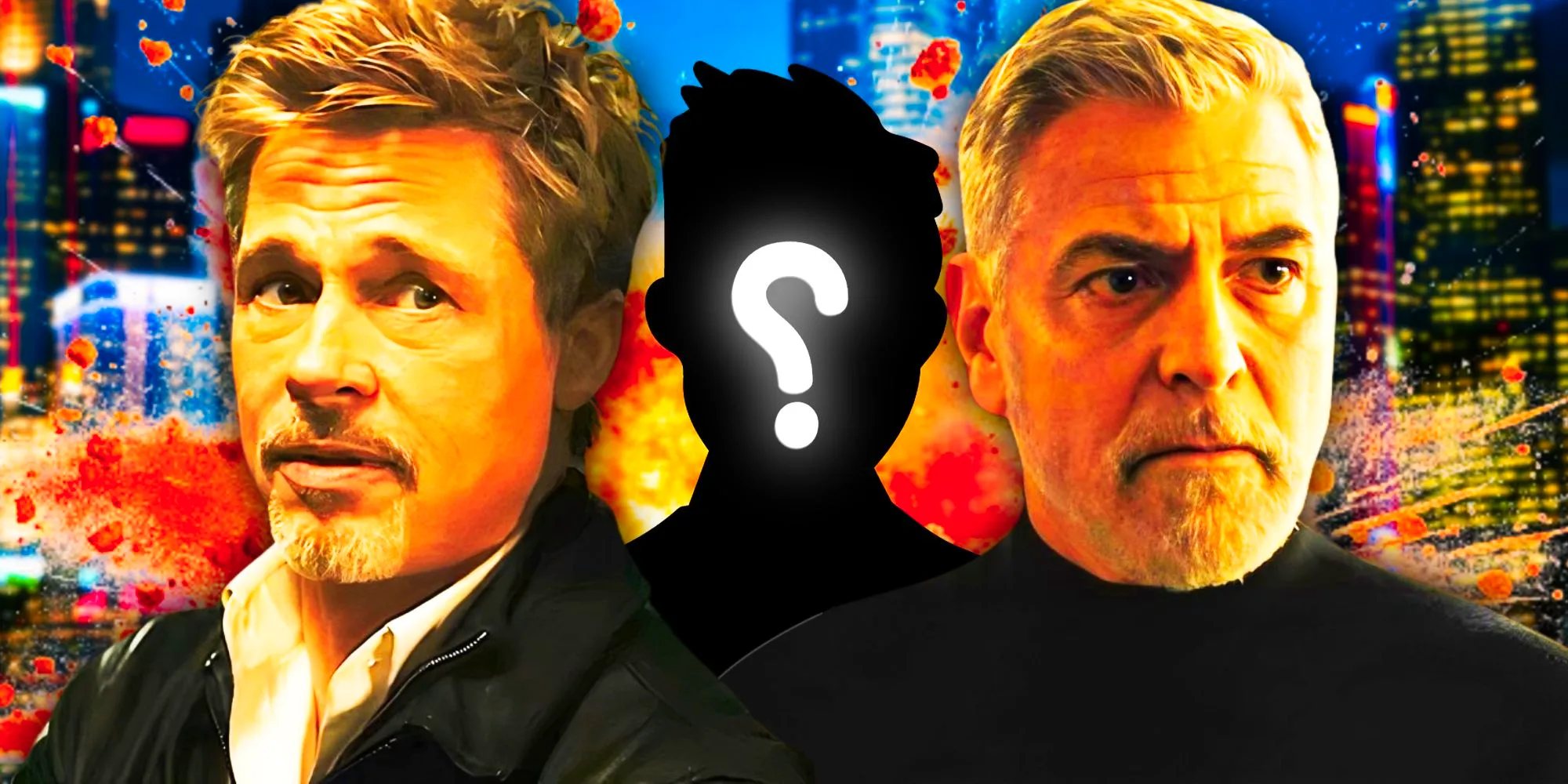 Pitt and Clooney from Wolfs, along with a silhouette figure with a question mark on it Image