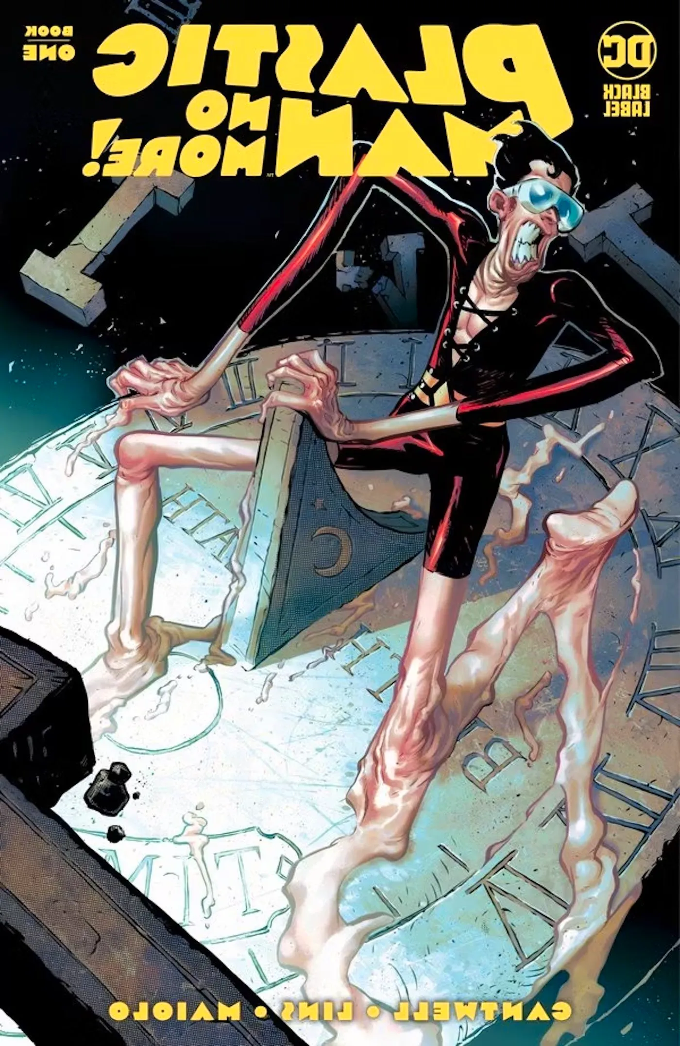 Plastic Man No More 1 Main Cover: Plastic Man melts on a Roman clock. Image