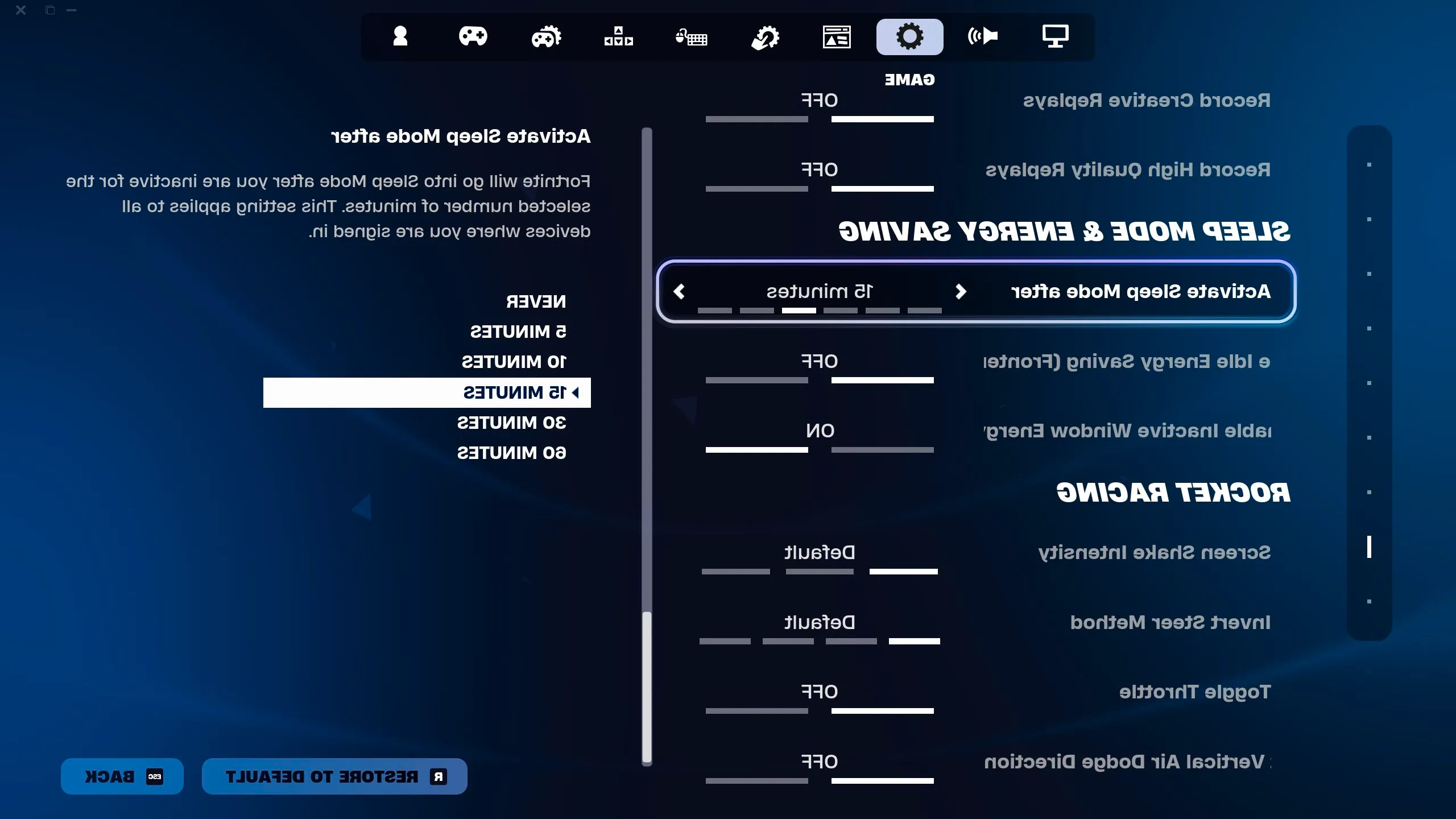 Player Changing Sleep Mode Timer Settings In Fortnite Settings Menu Image