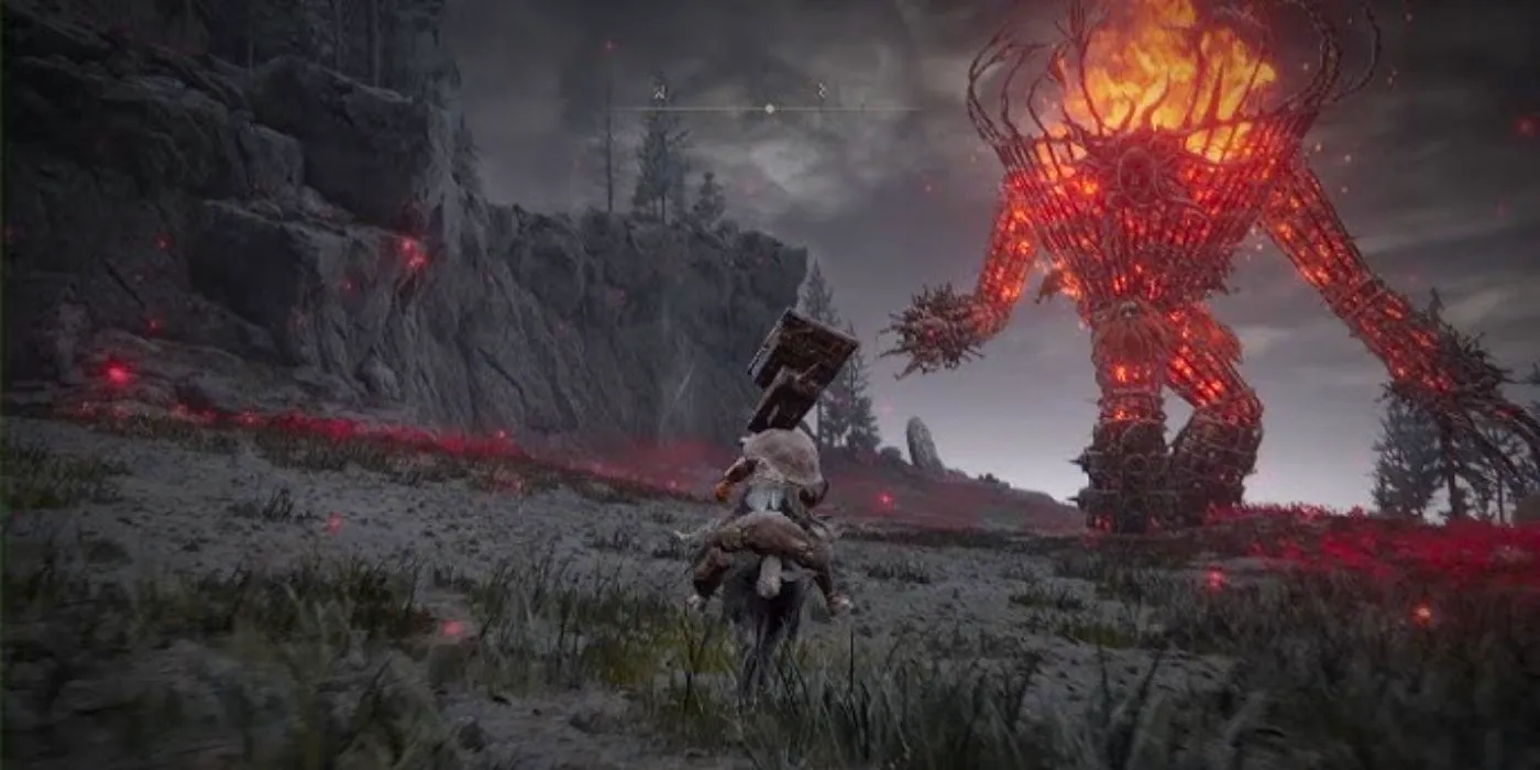 Player fighting against Furnace Golem boss in Elden Ring: Shadow of the Erdtree DLC. Image