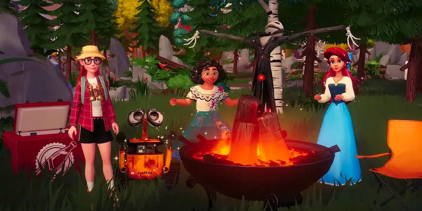 Player posing with Ariel, Mirabel, and Wall-E in front of a new bonfire for the End of Summer event in Disney Dreamlight Valley. Image