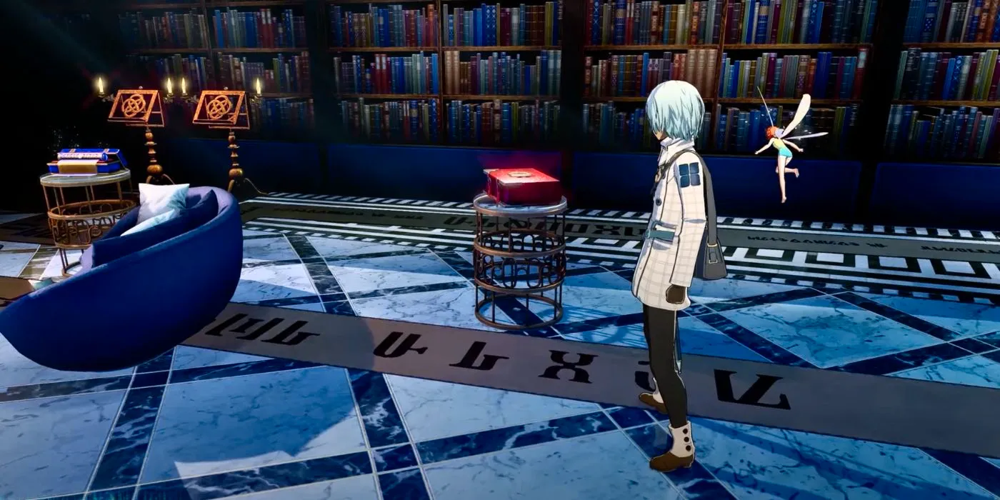 Player standing next to the book of apocalypse in Metaphor ReFantazio Image