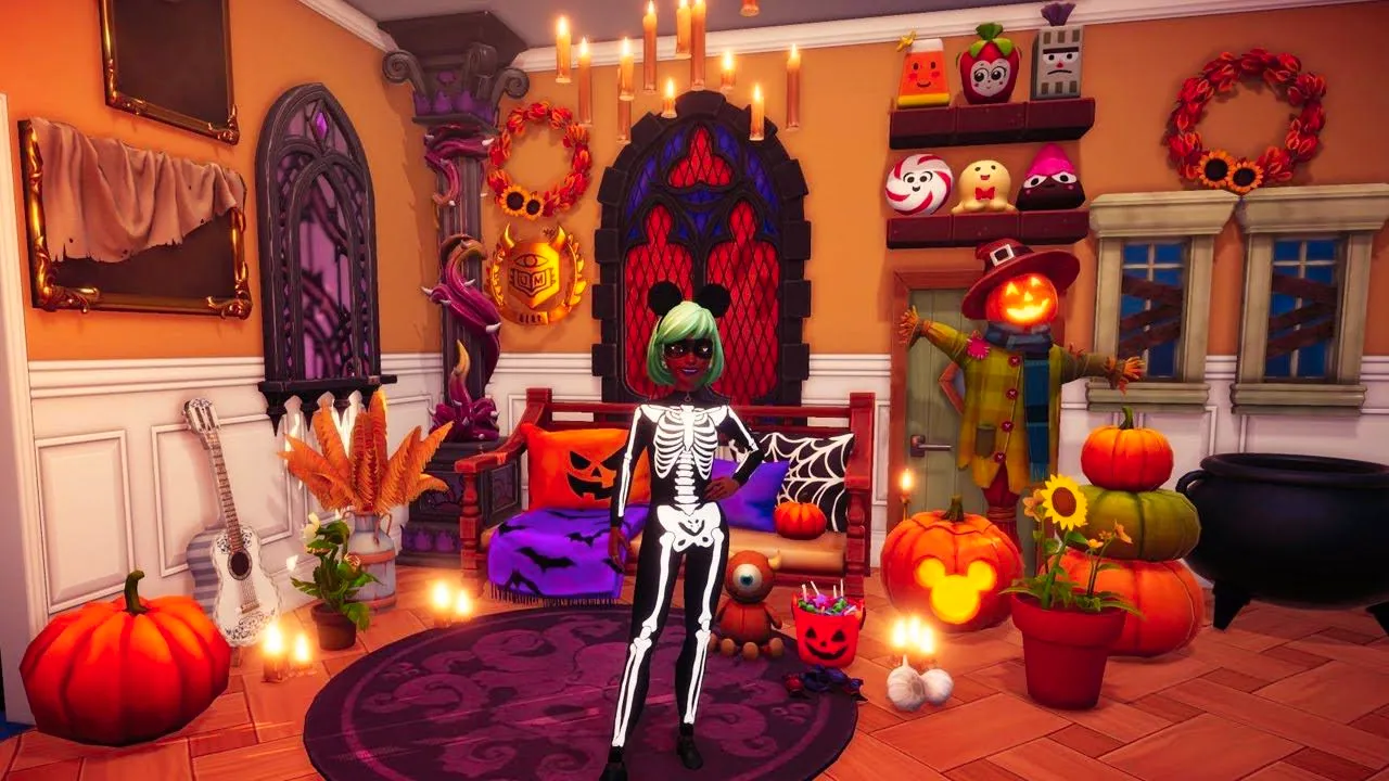 Player's home in Disney Dreamlight Valley decorated for fall and Halloween, with the player standing in front of it wearing a skeleton outfit. Image