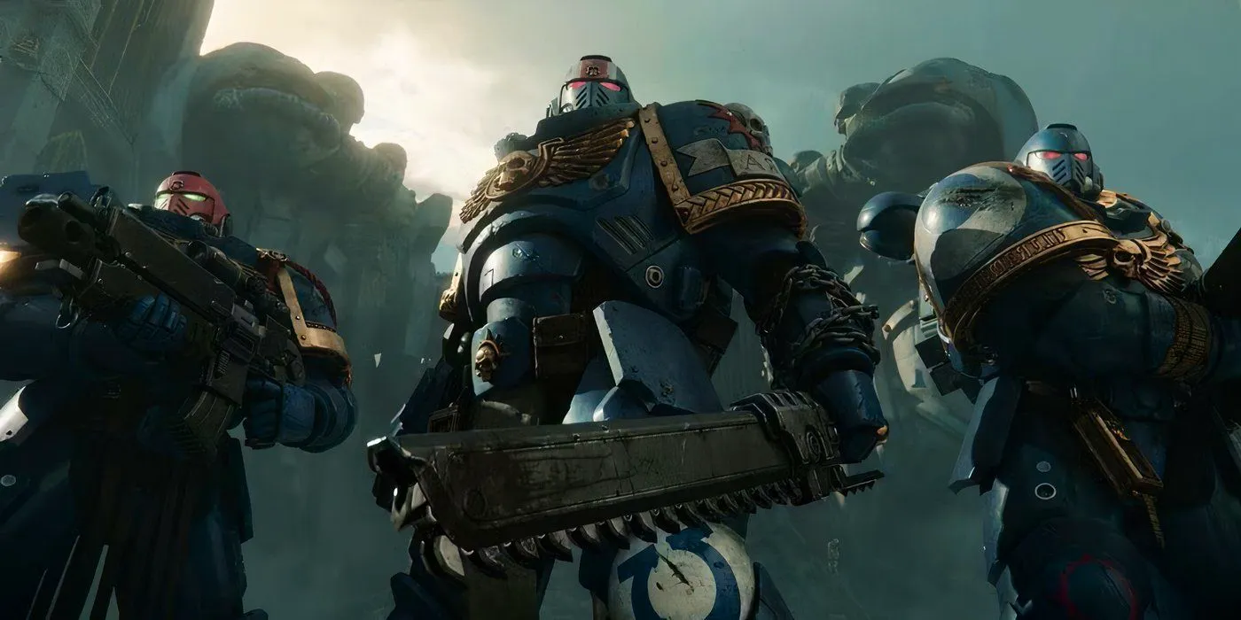 Players standing together, ready to play in Warhammer 40,000 Space Marine's 2. Image