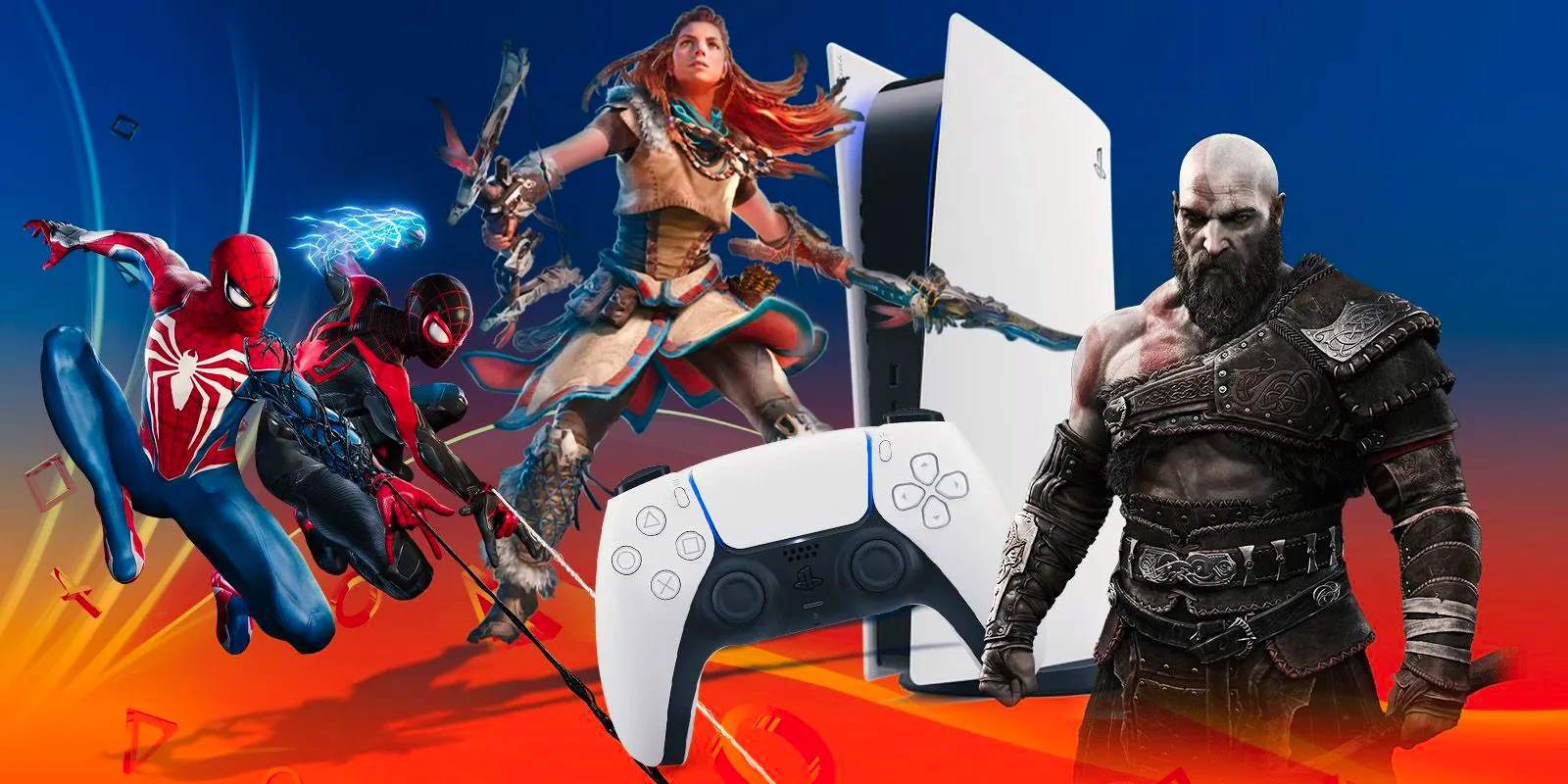 PlayStation 5 console and Dualsense controller with Kratos from God of War Ragnarok, Aloy from Horizon Forbidden West, and Peter and Miles from Marvel's Spider-Man 2 Image