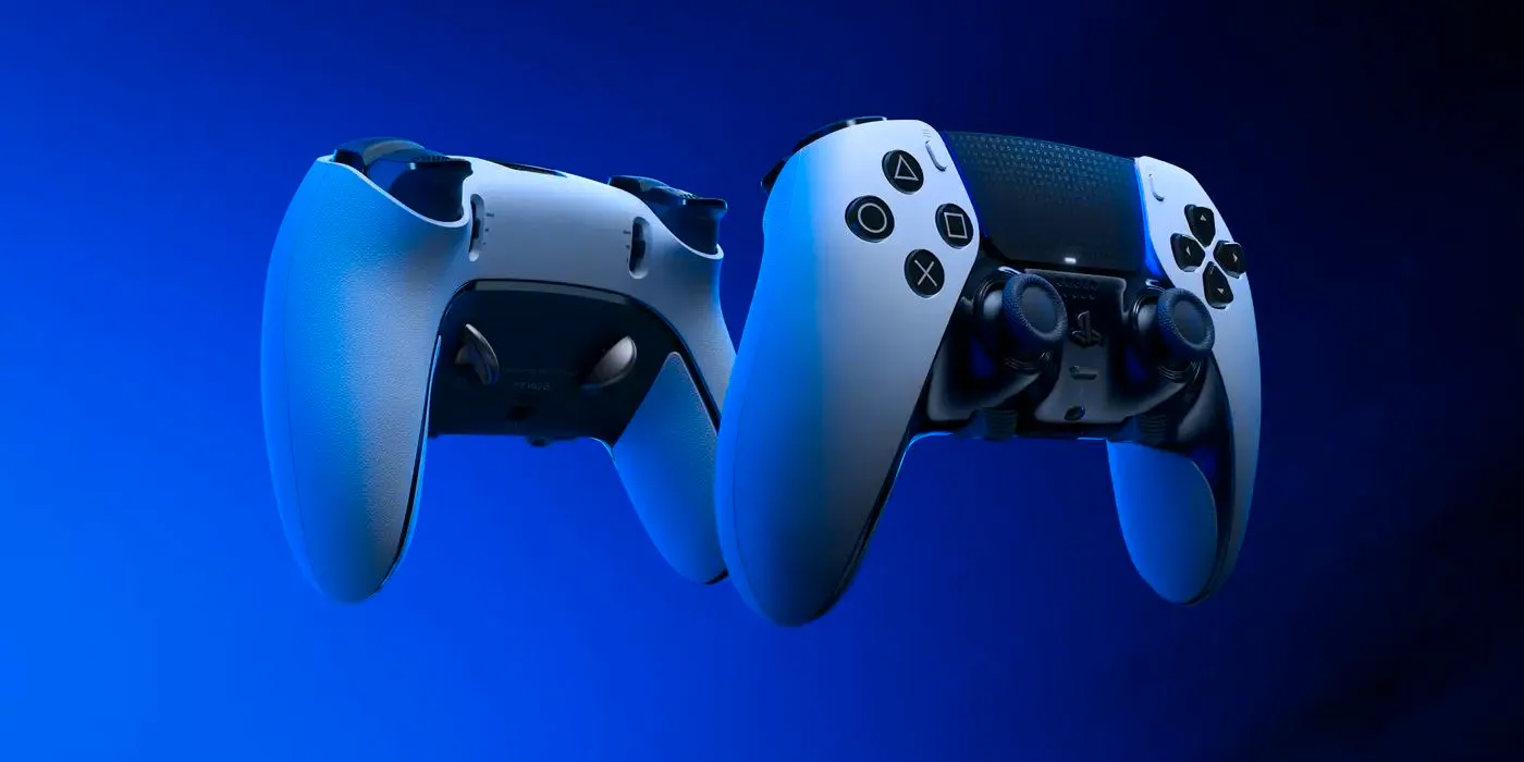 Playstation 5's Dualsense Edge controller on a blue background Image