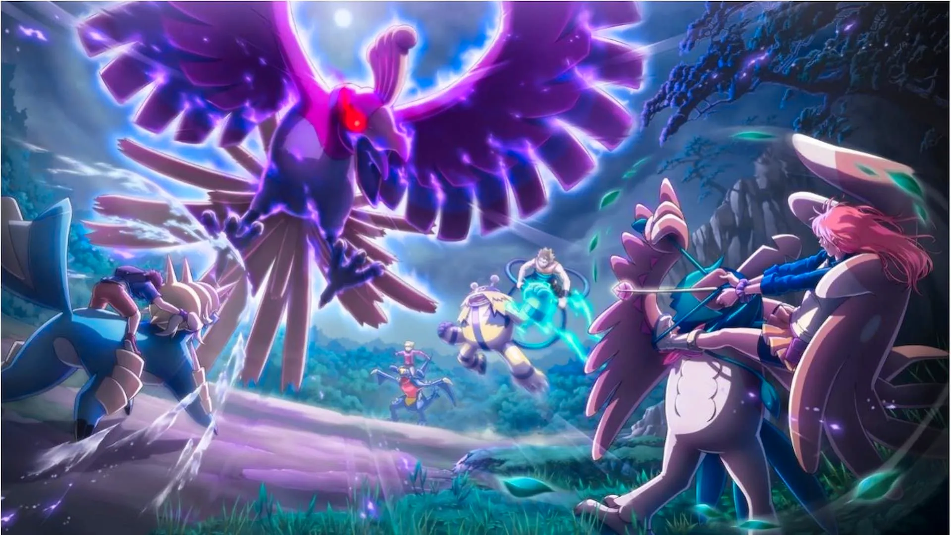 pokemon MMO Codename Rodeo image of a large flying pokemon with glowing red eyes being attacked by trainers and pokemon in a forest.  Image