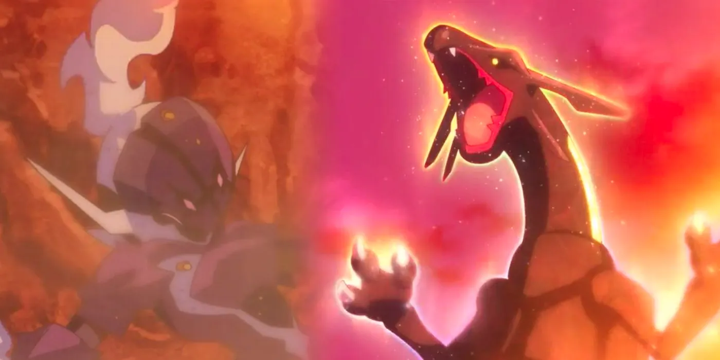 Pokemon: Rayquaza looms over the defeated Ceruledge. Image