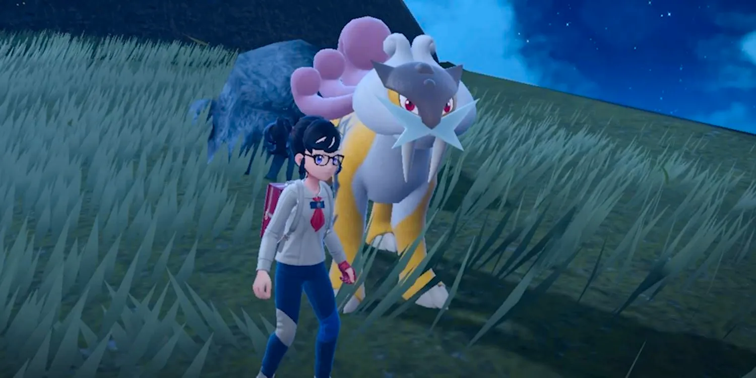 Pokémon Scarlet & Violet Indigo Disk DLC Legendary Pokémon Raikou Found with Raikou Treat Item in Paldea Region Wilds Image