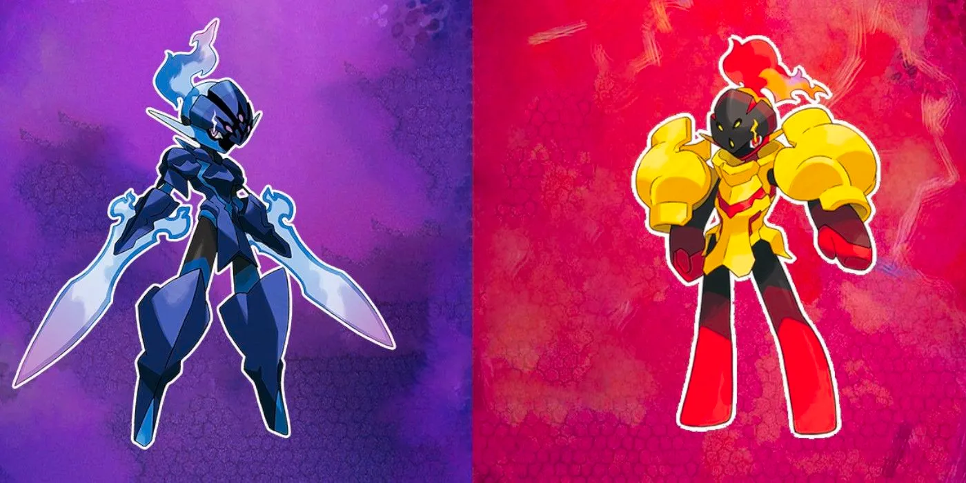 Pokémon Scarlet's Armarouge on the left, and Pokémon Violet's Ceruledge on the right, both in front of color-coordinated backgrounds for each game. Image