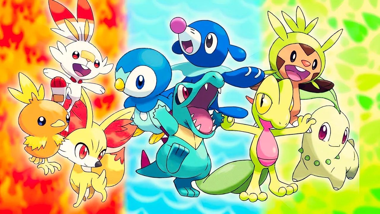 Pokemon Starters from different generations against grass, water, fire backgrounds. Image