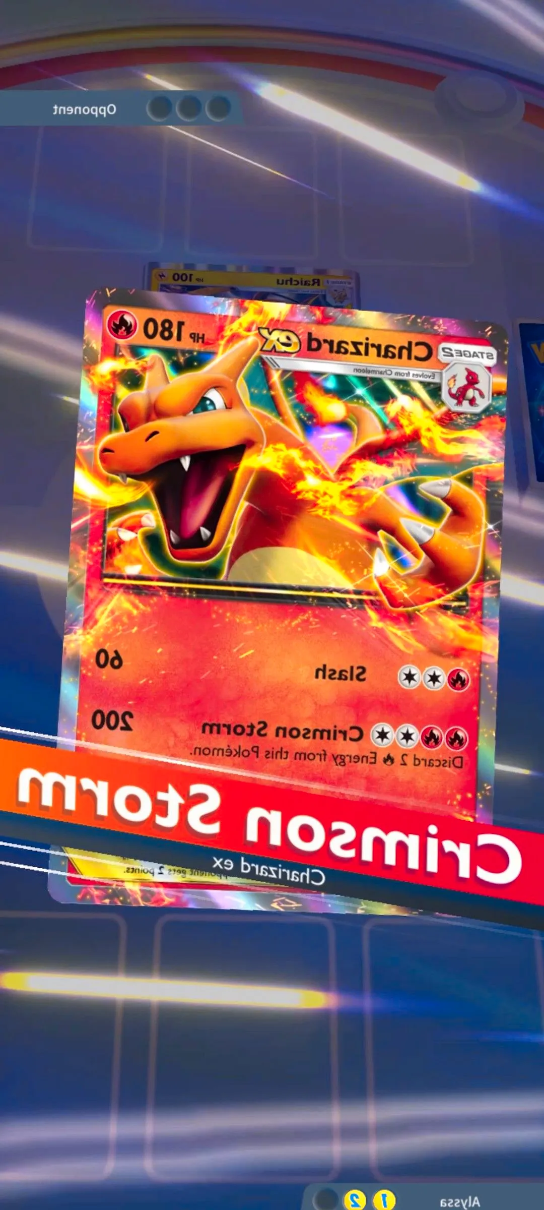 Pokemon TCG Pocket battle showing Charizard performing the move Crimson Storm. Image