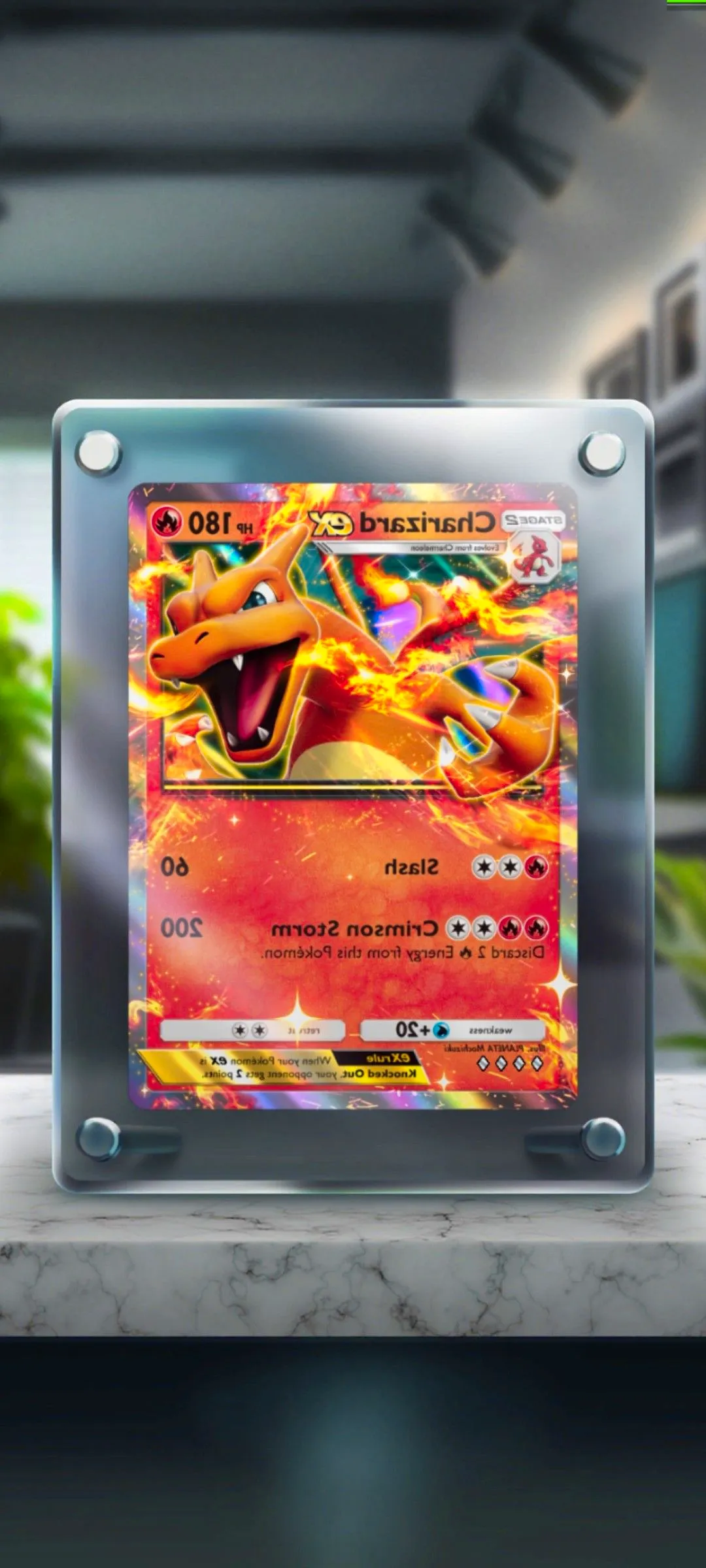 Pokemon TCG Pocket Display Board showing a Charizard ex card in a clear frame. Image