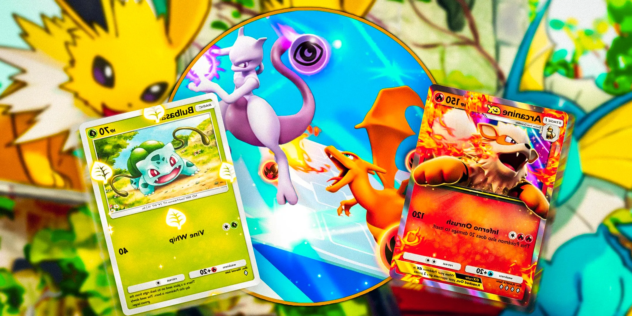 Pokemon TCG Pocket Header showing Mewto and Charizard fighting in the center, an Arcanine ex card to the left, and Bulbasaur card to the right, with Eeveelutions in the background. Image