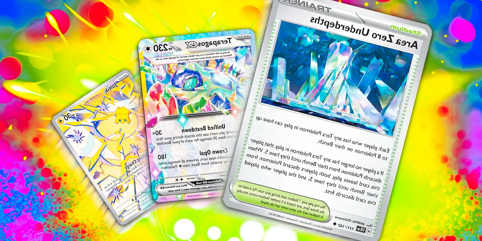 Pokemon TCG's Area Zero Underdepths, Terapagos ex, and Joltik cards against a colorful background. Image